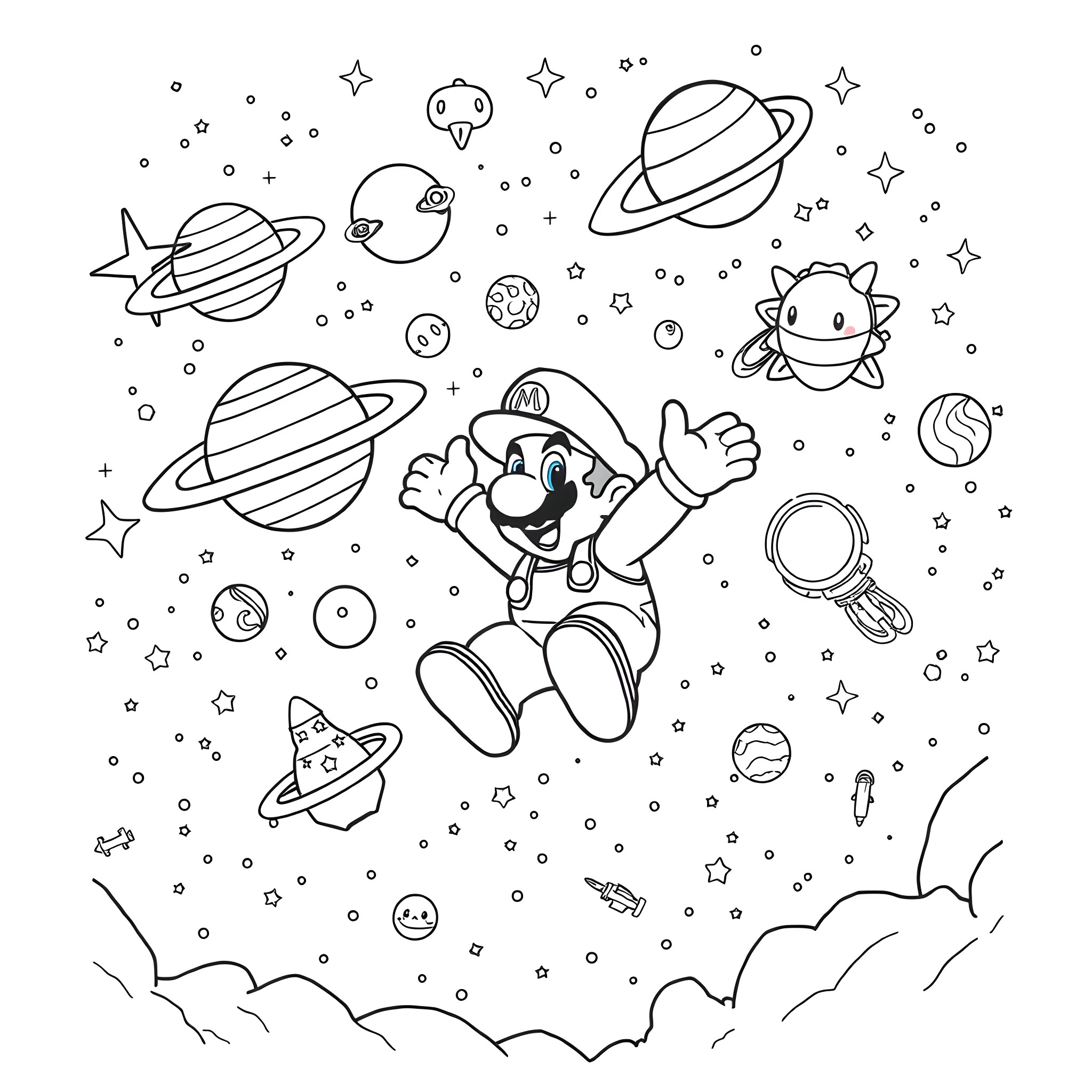 Mario Exploring the Cosmic Wonders Coloring Page (free black-and-white line drawing printable PDF for all, from beginners to advanced learners, including children, teens, adults, and seniors)