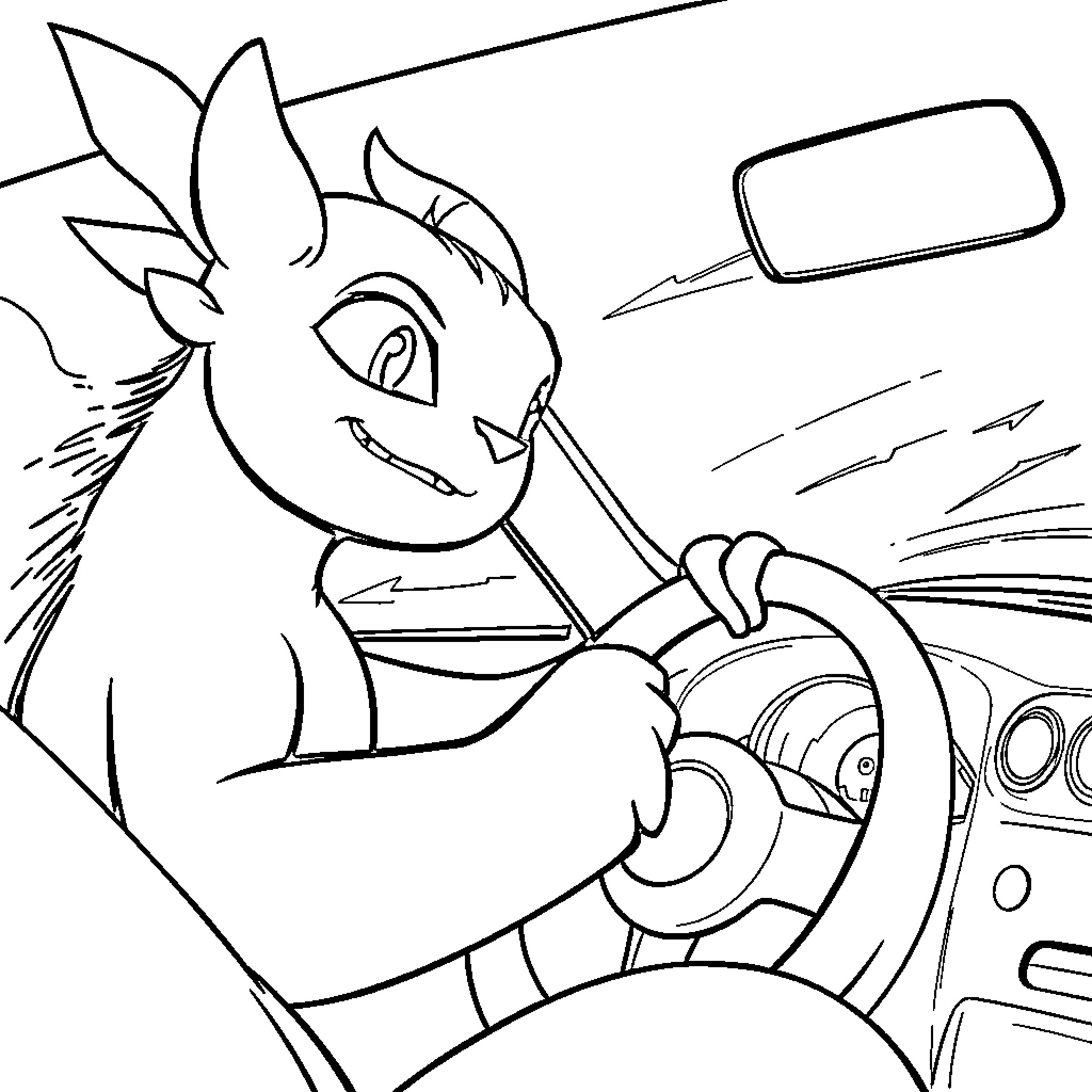 Toothless Driving Happily in a Vehicle Coloring Page (free black-and-white line drawing printable PDF for all, from beginners to advanced learners, including children, teens, adults, and seniors)