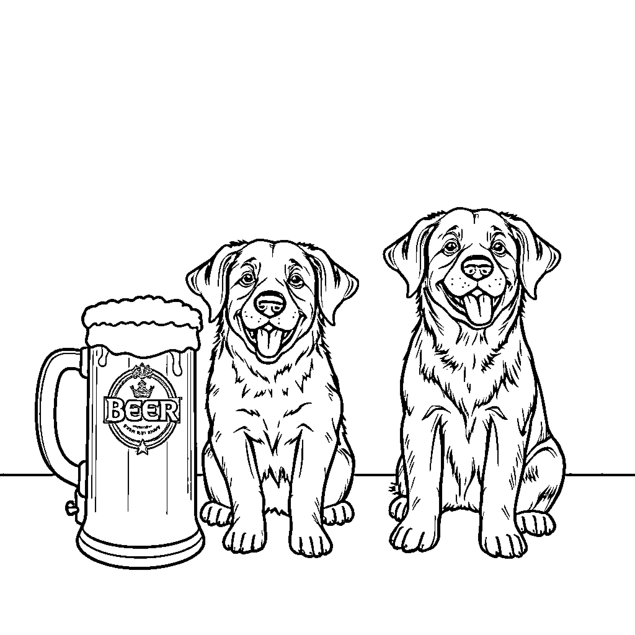 Dog companions with beer mug in black and white Coloring Page (free black-and-white line drawing printable PDF for all, from beginners to advanced learners, including children, teens, adults, and seniors)