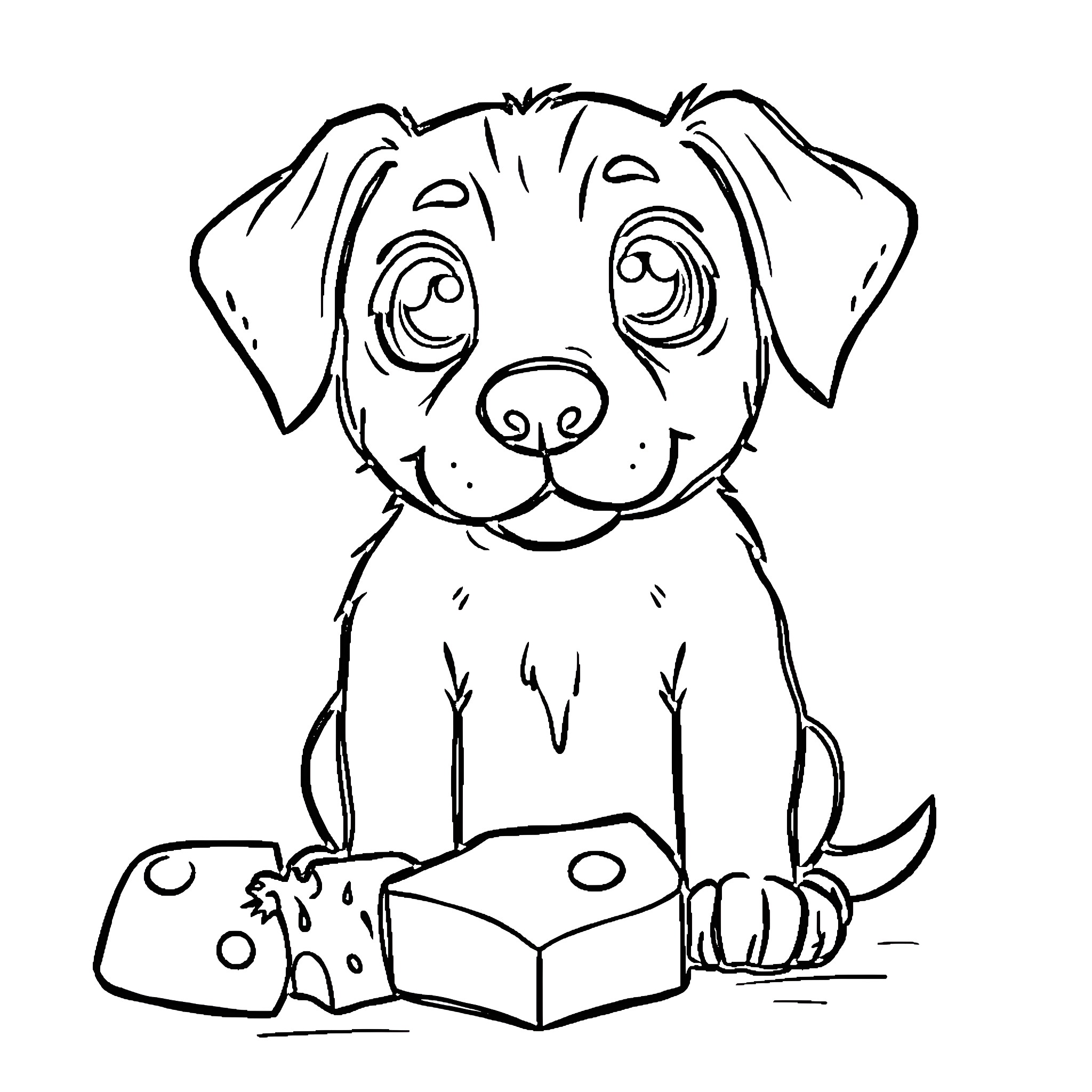 Dog with Toys Happily Playing Coloring Page (free black-and-white line drawing printable PDF for all, from beginners to advanced learners, including children, teens, adults, and seniors)