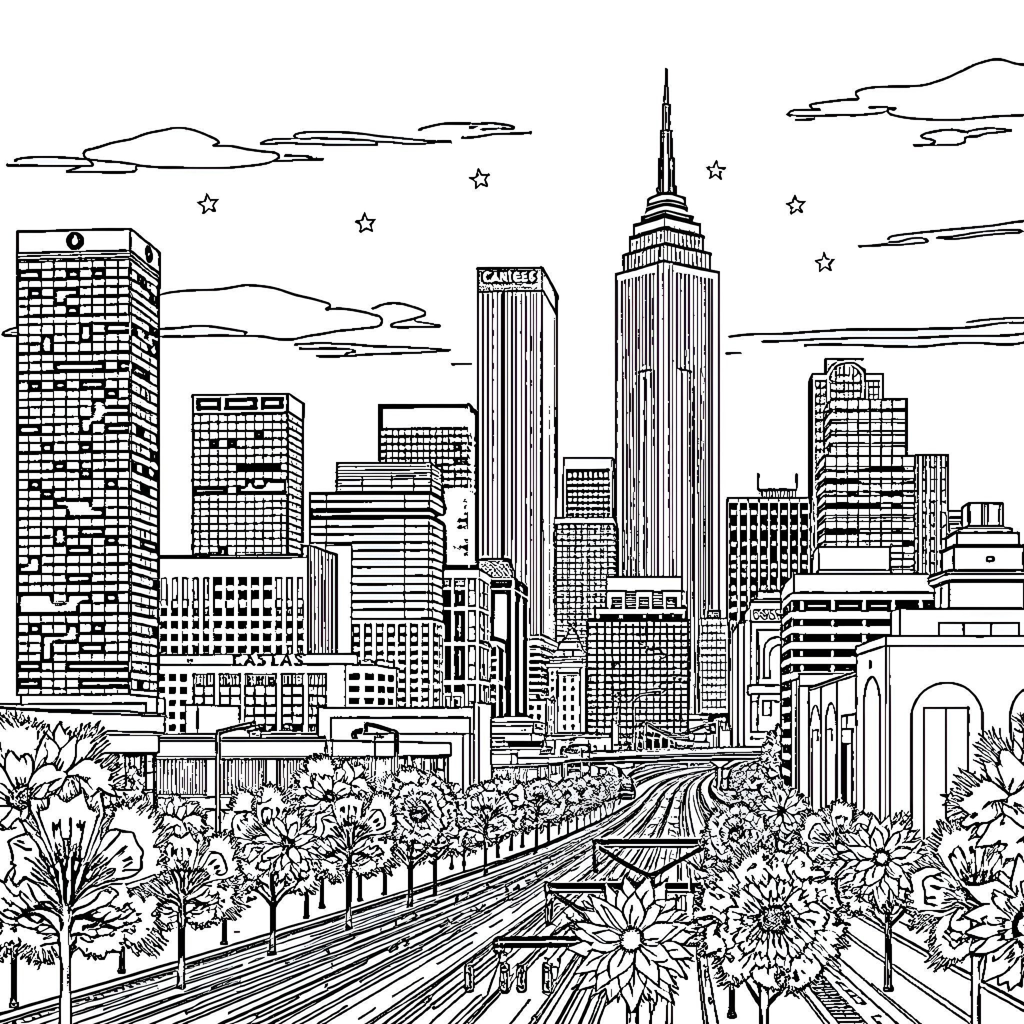 Dallas cityscape with iconic skyscrapers and floral foreground Coloring Page (free black-and-white line drawing printable PDF for all, from beginners to advanced learners, including children, teens, adults, and seniors)