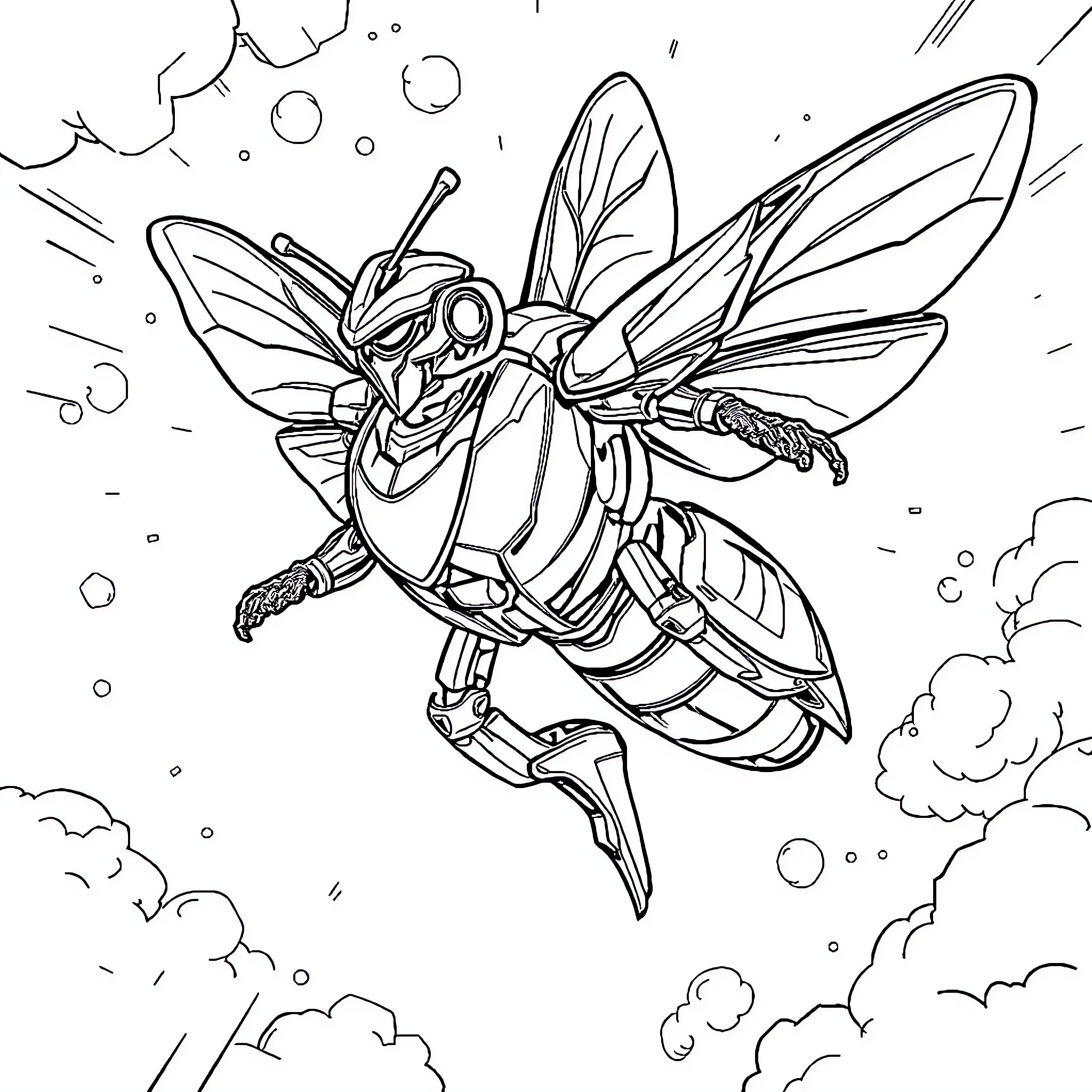 Robot Bee flying through the sky Coloring Page (free black-and-white line drawing printable PDF for all, from beginners to advanced learners, including children, teens, adults, and seniors)
