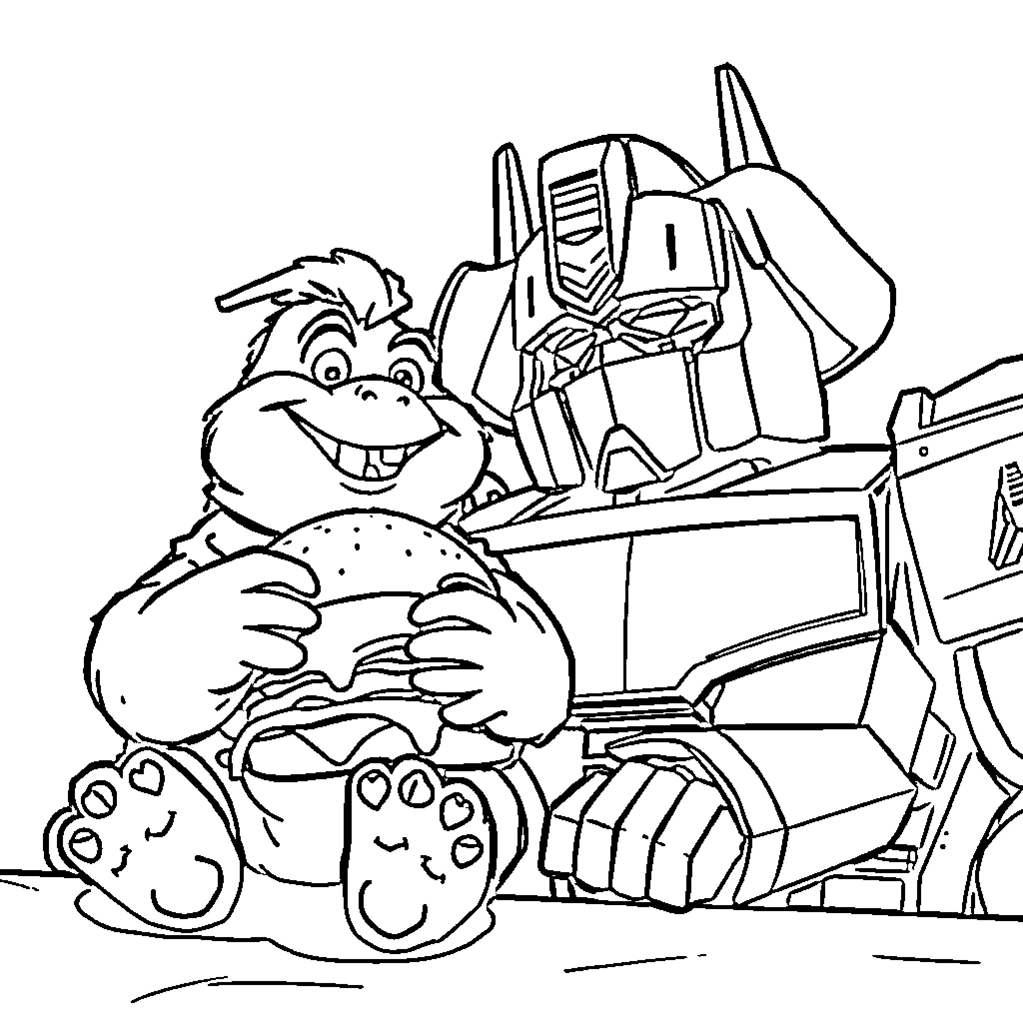 Sloth Riding with Robotic Companion Coloring Page (free black-and-white line drawing printable PDF for all, from beginners to advanced learners, including children, teens, adults, and seniors)