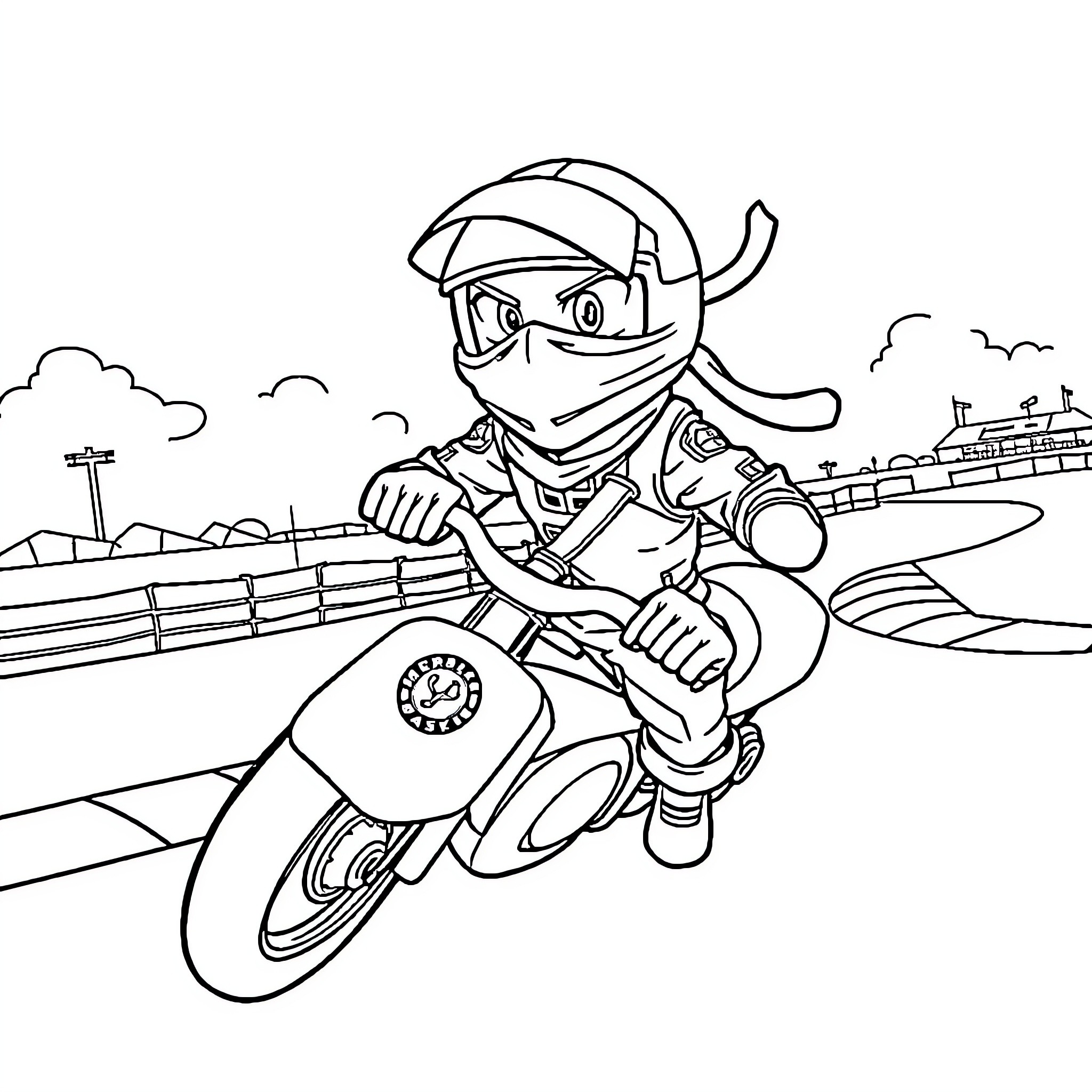 Ninja Hattori racing through the city on a motorcycle Coloring Page (free black-and-white line drawing printable PDF for all, from beginners to advanced learners, including children, teens, adults, and seniors)