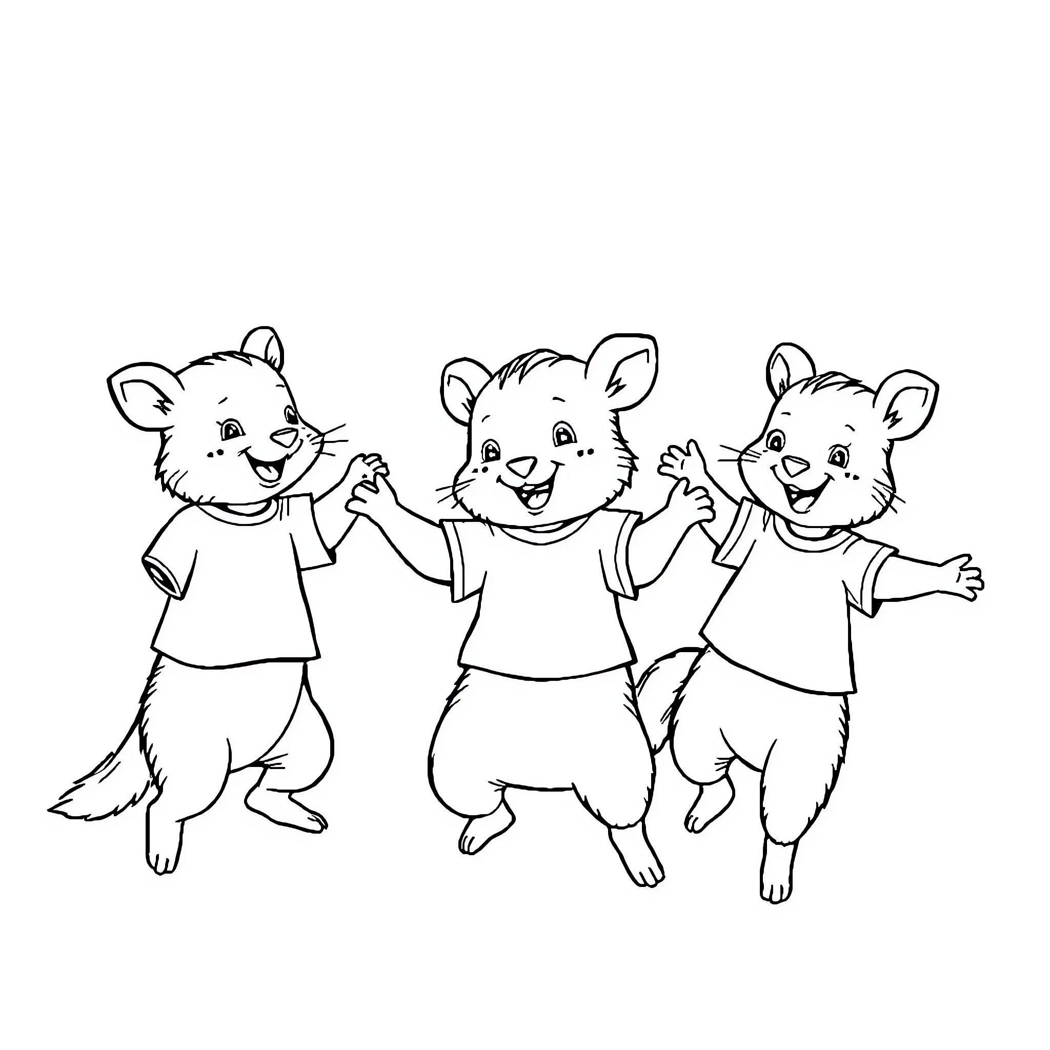 Animal Cartoon Characters Jumping Happily Coloring Page (free black-and-white line drawing printable PDF for all, from beginners to advanced learners, including children, teens, adults, and seniors)