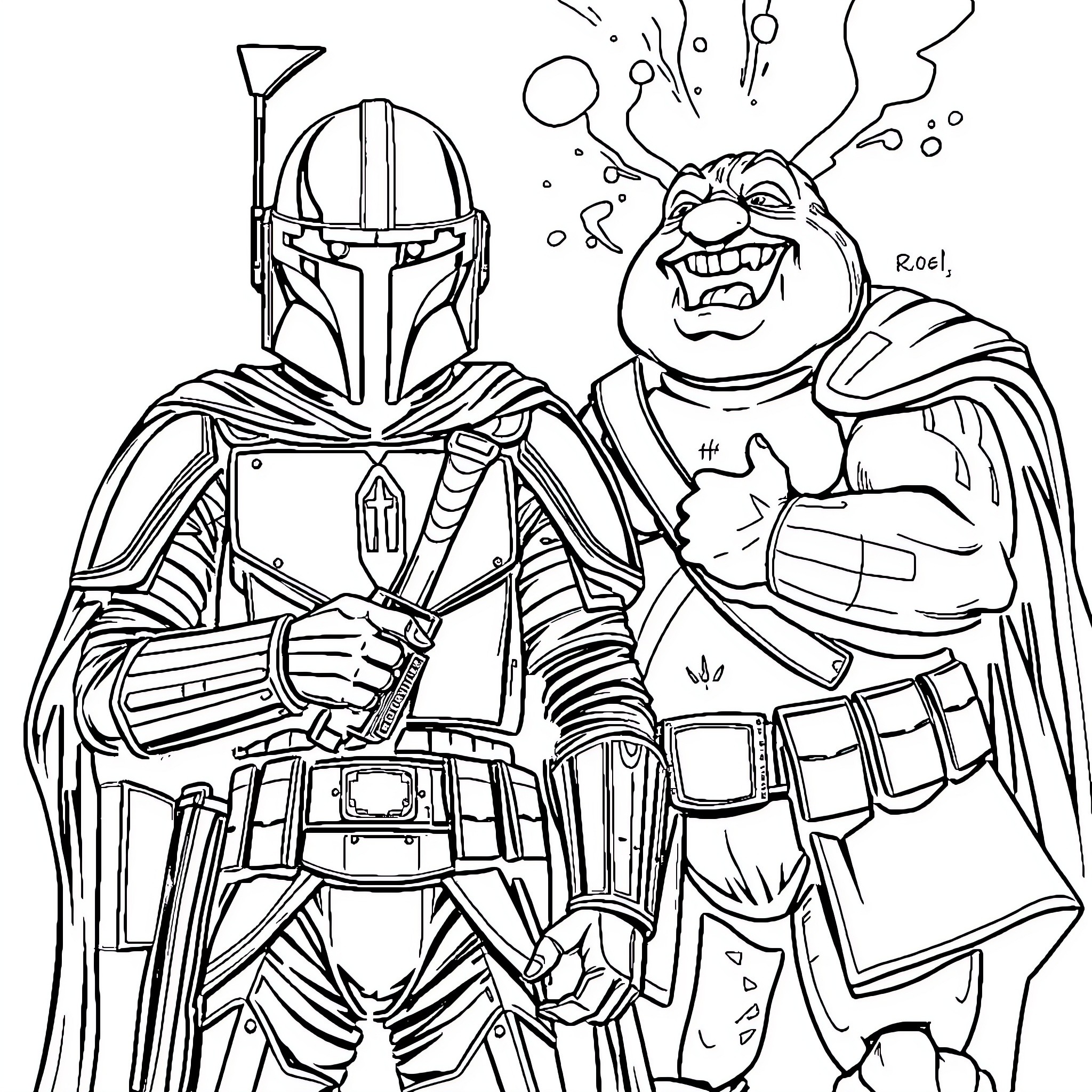 Mandalorian Warrior and His Comical Companion Coloring Page (free black-and-white line drawing printable PDF for all, from beginners to advanced learners, including children, teens, adults, and seniors)