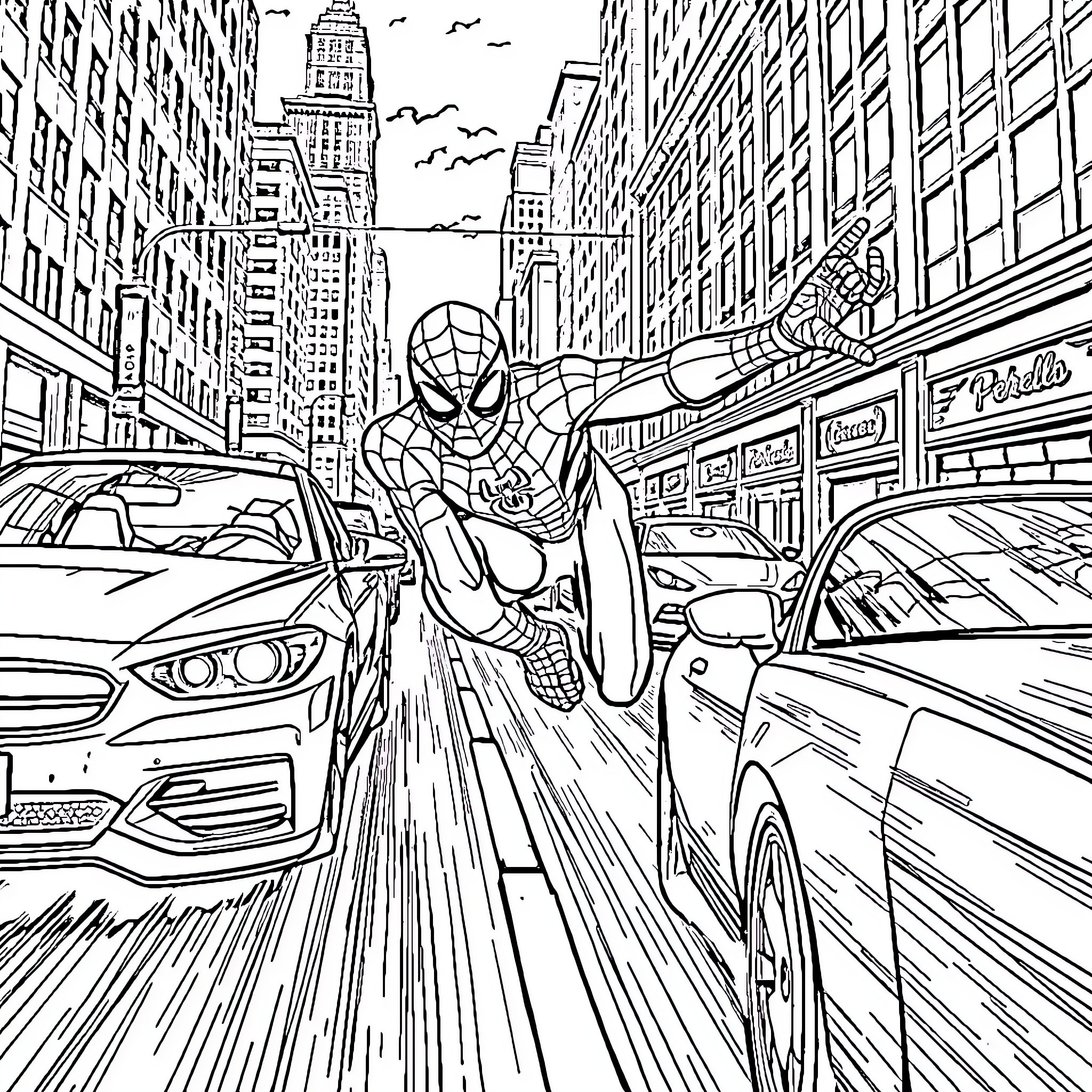 Spider-Man Swinging Through the Busy City Streets Coloring Page (free black-and-white line drawing printable PDF for all, from beginners to advanced learners, including children, teens, adults, and seniors)