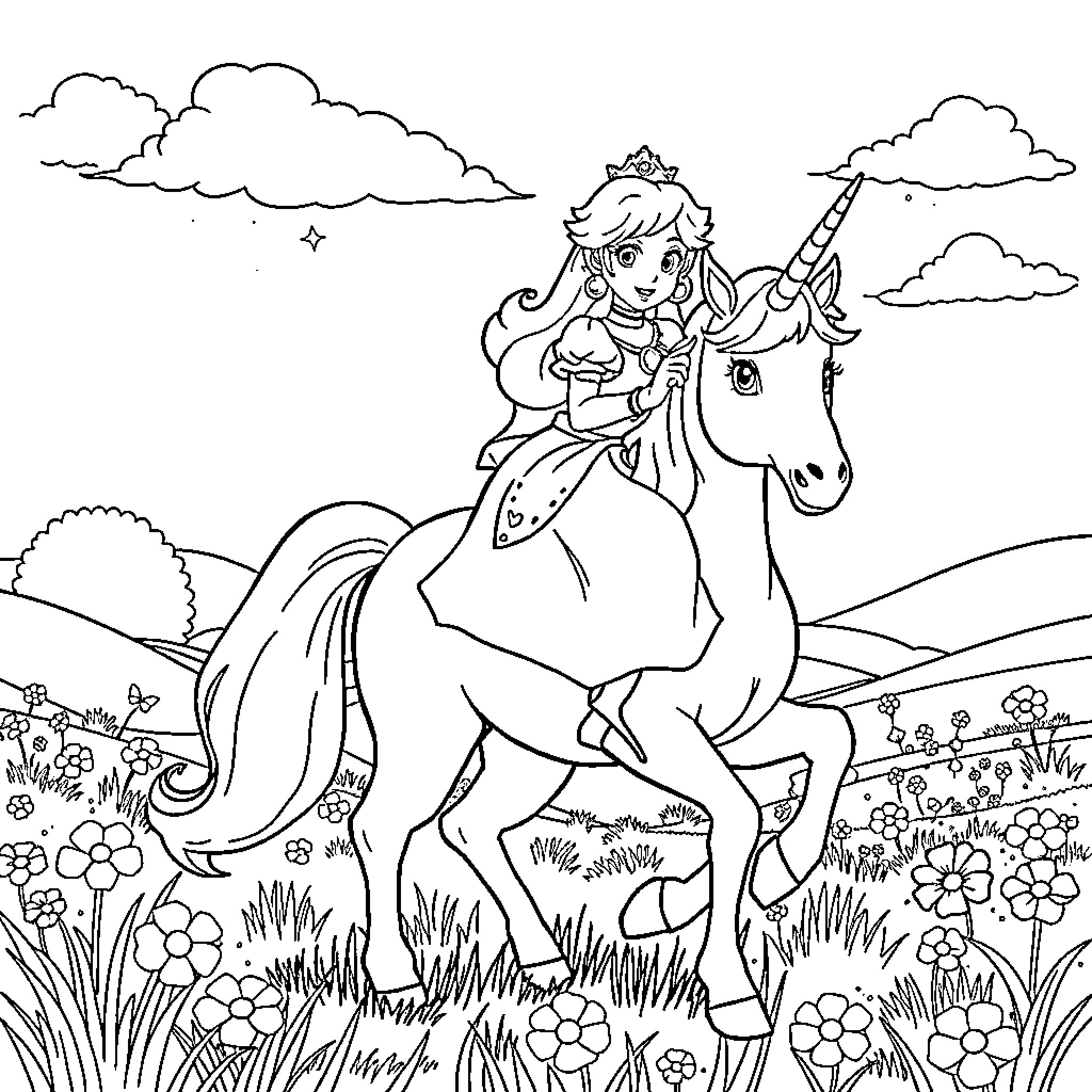 Princess Riding Unicorn Through Enchanted Meadow Coloring Page (free black-and-white line drawing printable PDF for all, from beginners to advanced learners, including children, teens, adults, and seniors)