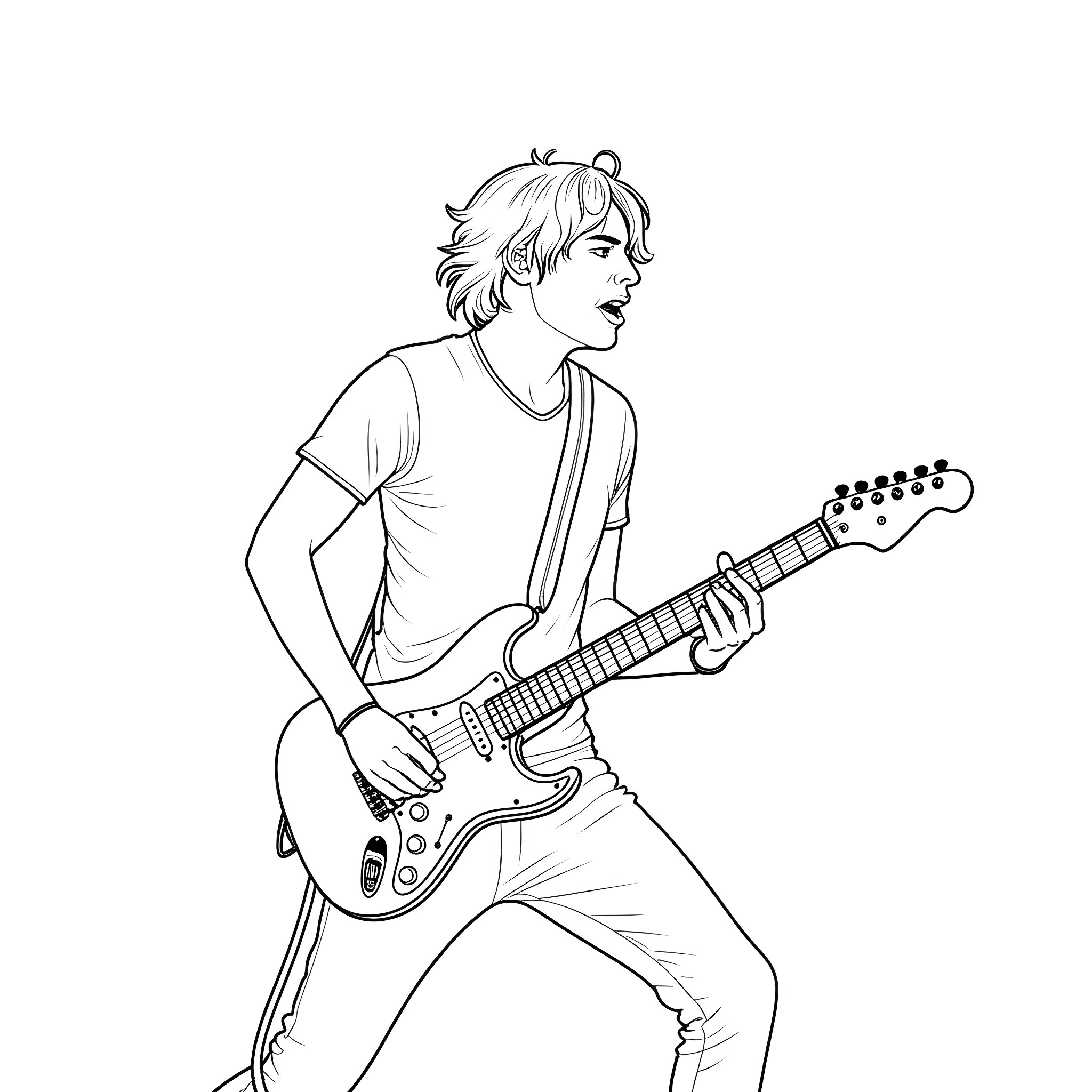Angus Young shredding on the electric guitar Coloring Page (free black-and-white line drawing printable PDF for all, from beginners to advanced learners, including children, teens, adults, and seniors)
