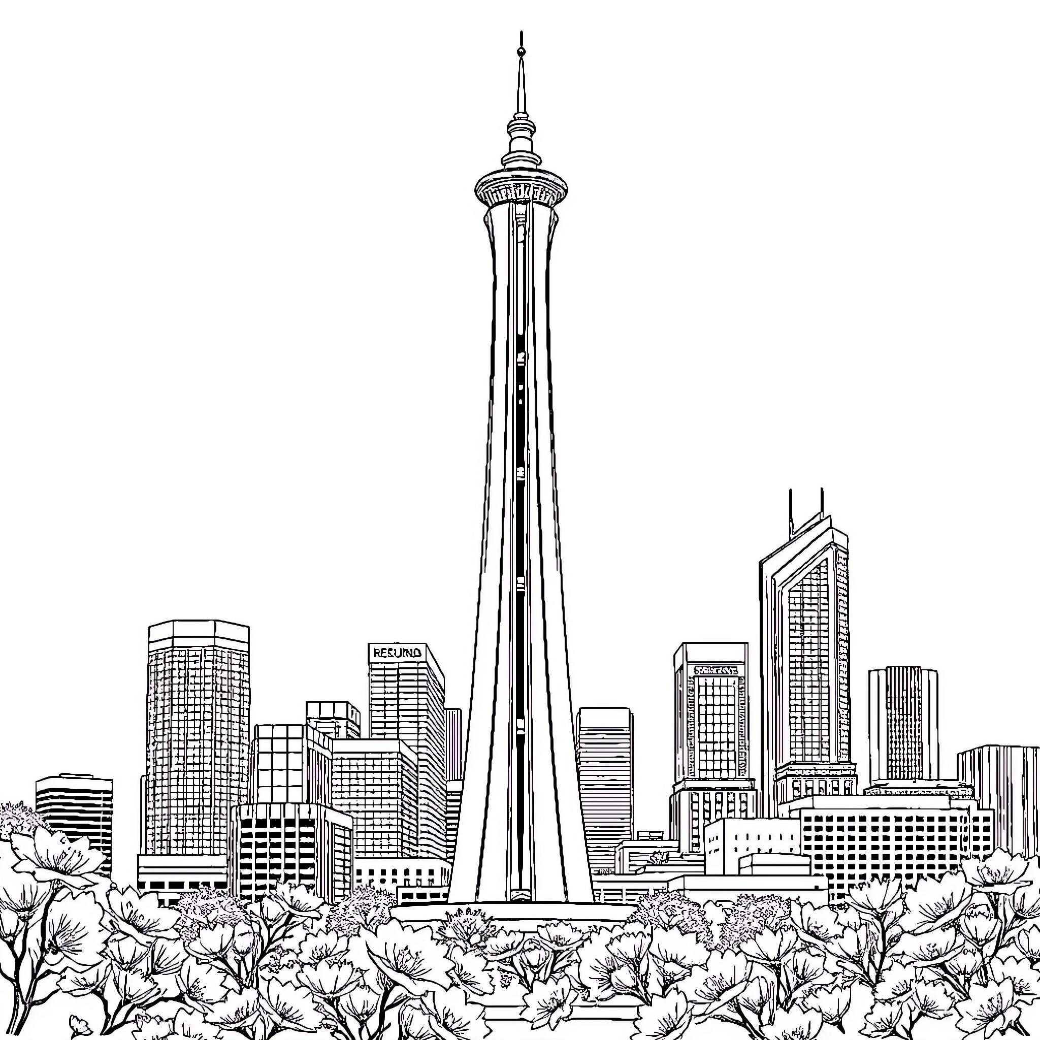 Reunion Tower - Iconic Urban Skyline Coloring Page (free black-and-white line drawing printable PDF for all, from beginners to advanced learners, including children, teens, adults, and seniors)