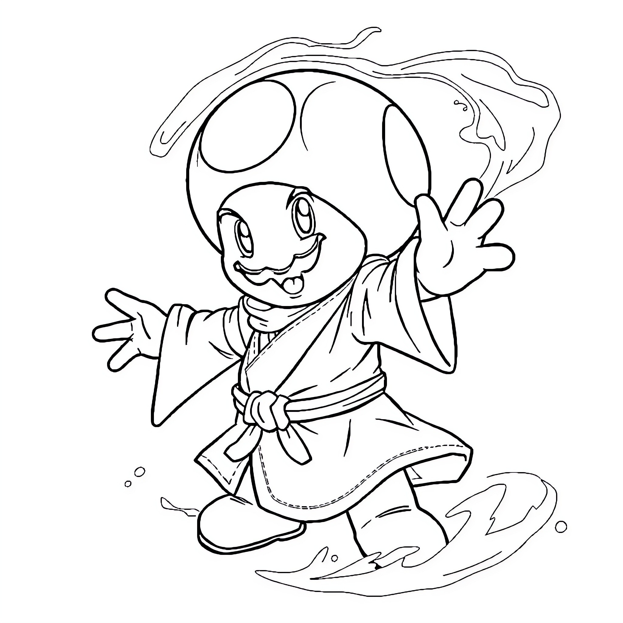 Toad merrily dancing in traditional kimono Coloring Page (free black-and-white line drawing printable PDF for all, from beginners to advanced learners, including children, teens, adults, and seniors)