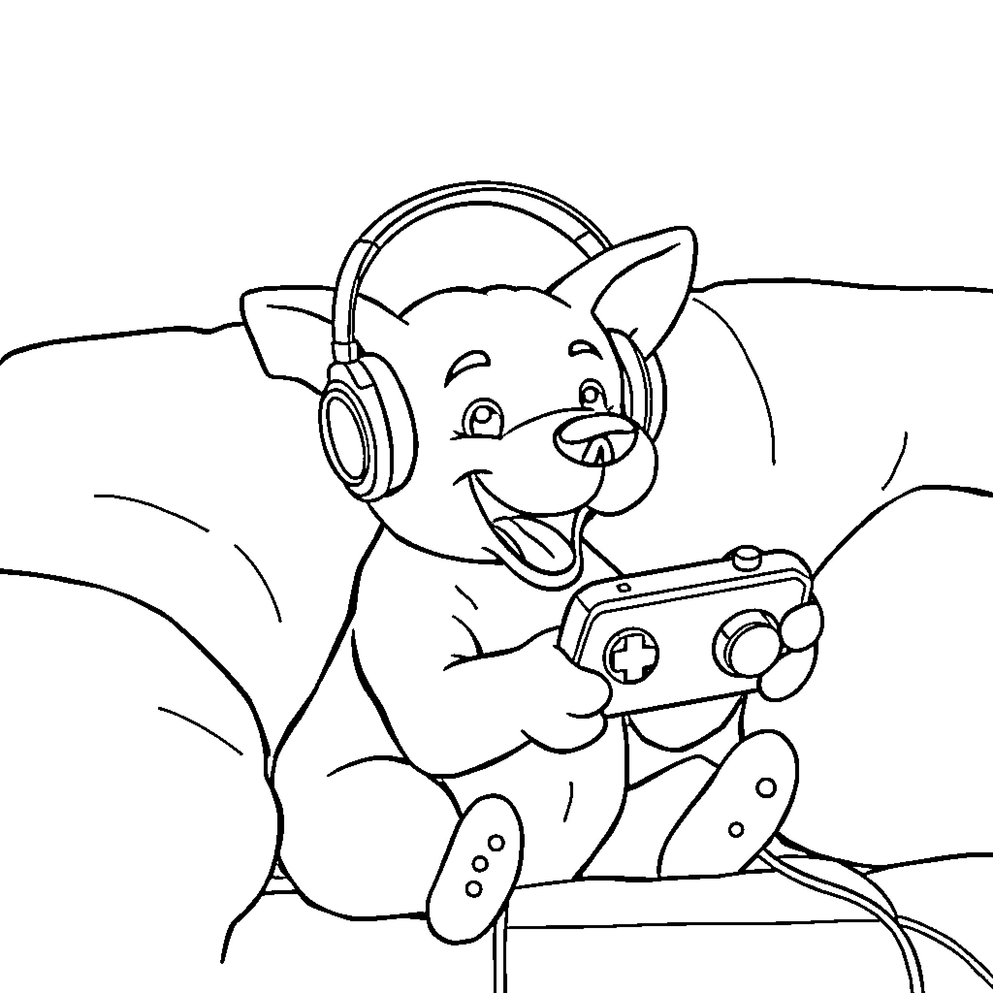 Dog playing video games with headphones Coloring Page (free black-and-white line drawing printable PDF for all, from beginners to advanced learners, including children, teens, adults, and seniors)