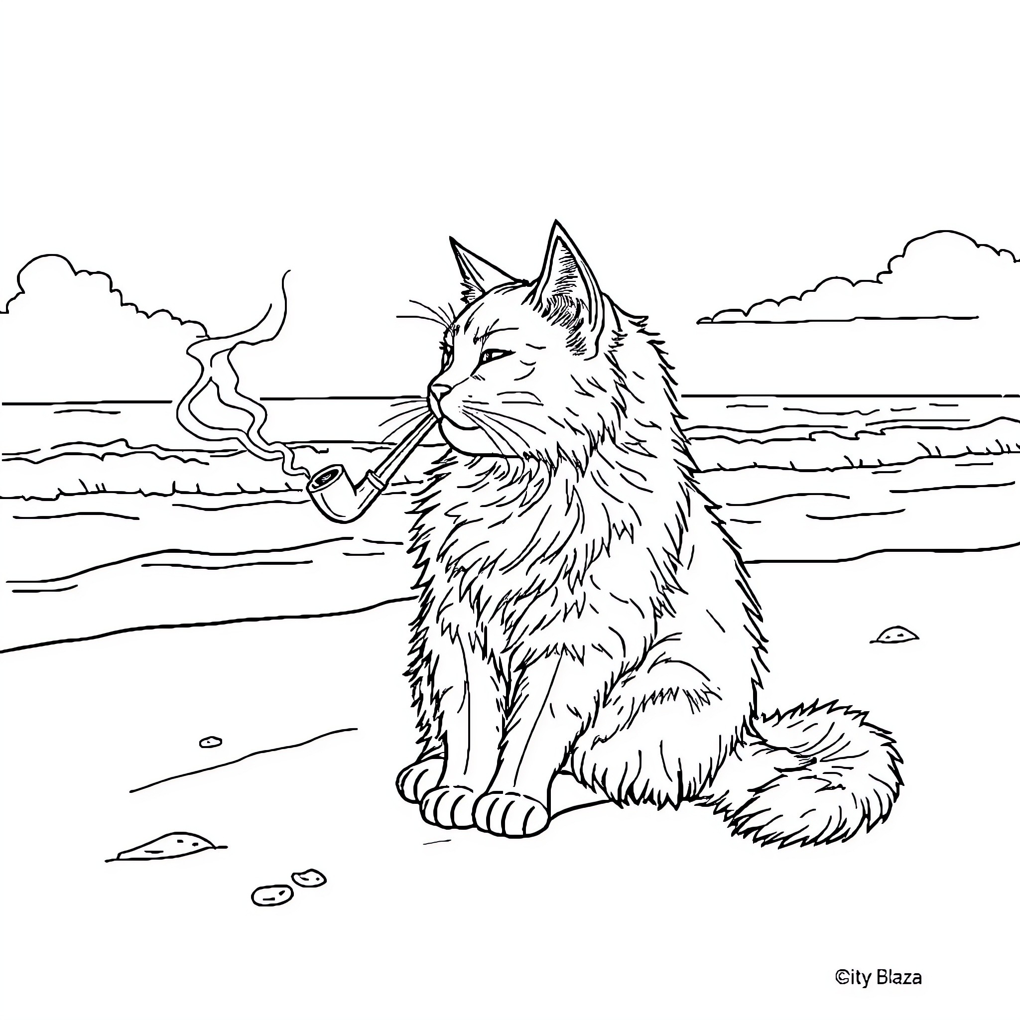 Cat relaxing on the beach Coloring Page (free black-and-white line drawing printable PDF for all, from beginners to advanced learners, including children, teens, adults, and seniors)