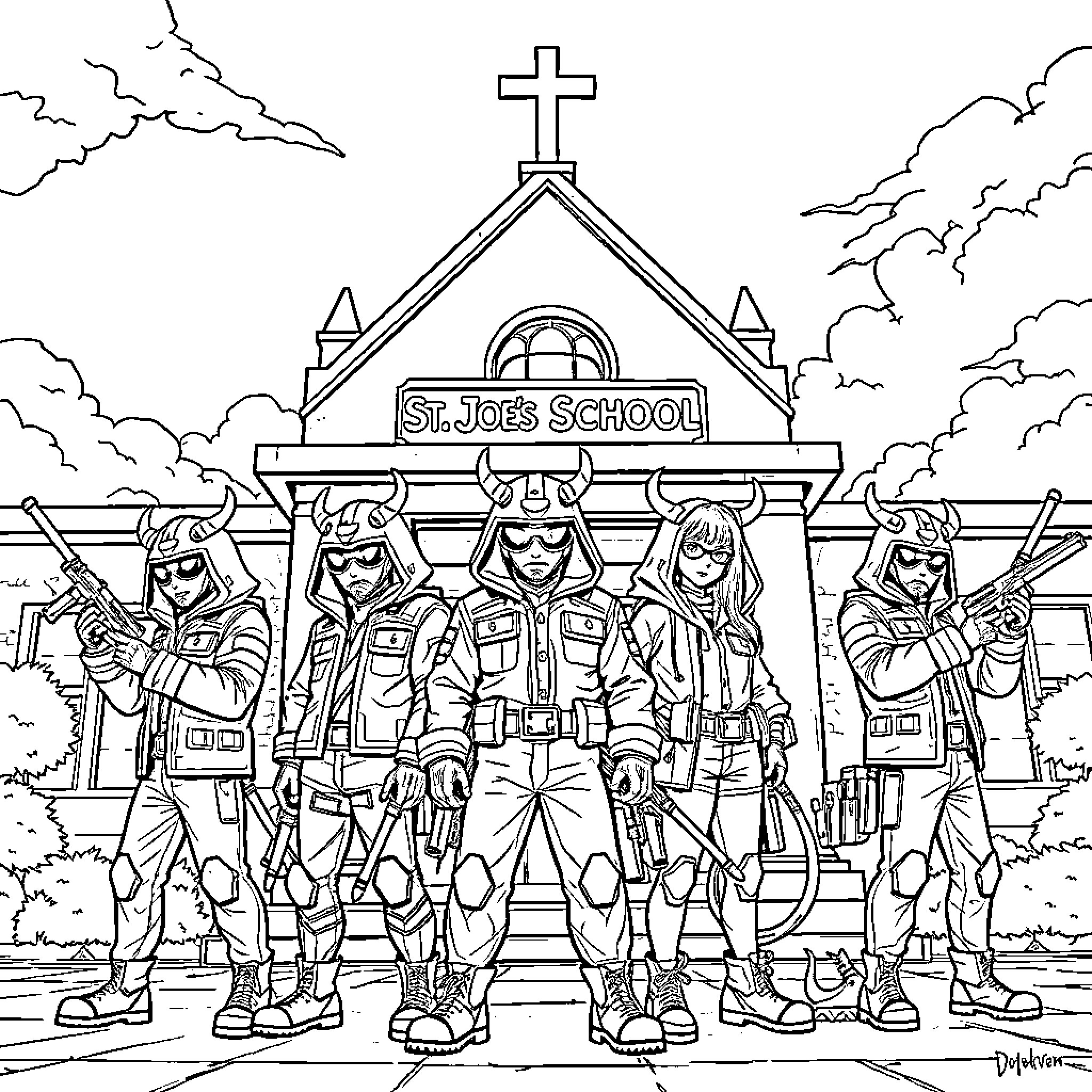 Demon Hunters at the Supernatural School Coloring Page (free black-and-white line drawing printable PDF for all, from beginners to advanced learners, including children, teens, adults, and seniors)