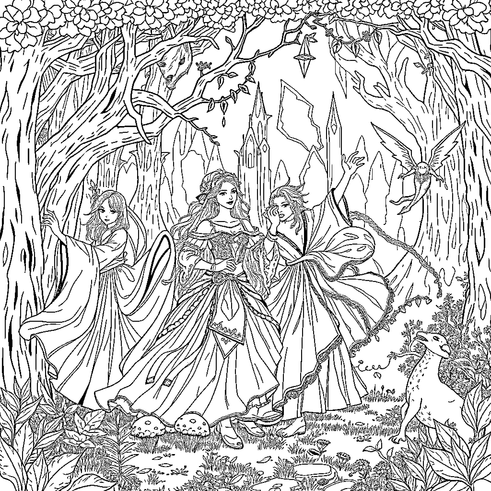 Lord of the Rings: Enchanted Forest Gathering Coloring Page (free black-and-white line drawing printable PDF for all, from beginners to advanced learners, including children, teens, adults, and seniors)
