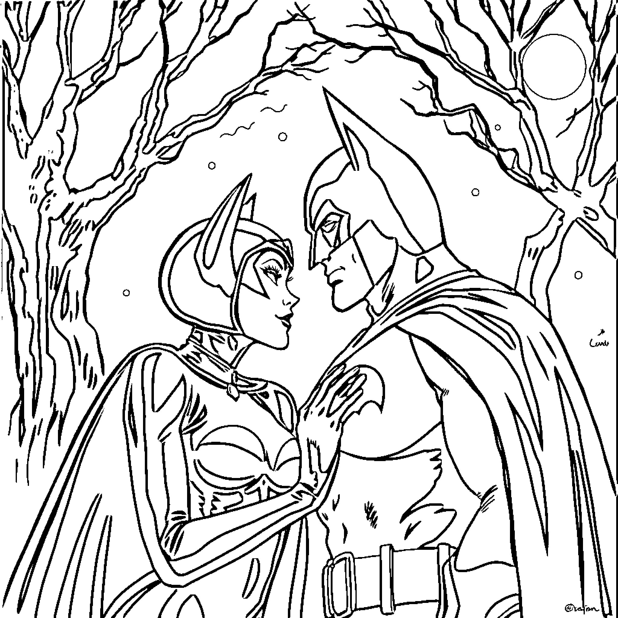 Catwoman in a romantic embrace with a caped superhero Coloring Page (free black-and-white line drawing printable PDF for all, from beginners to advanced learners, including children, teens, adults, and seniors)