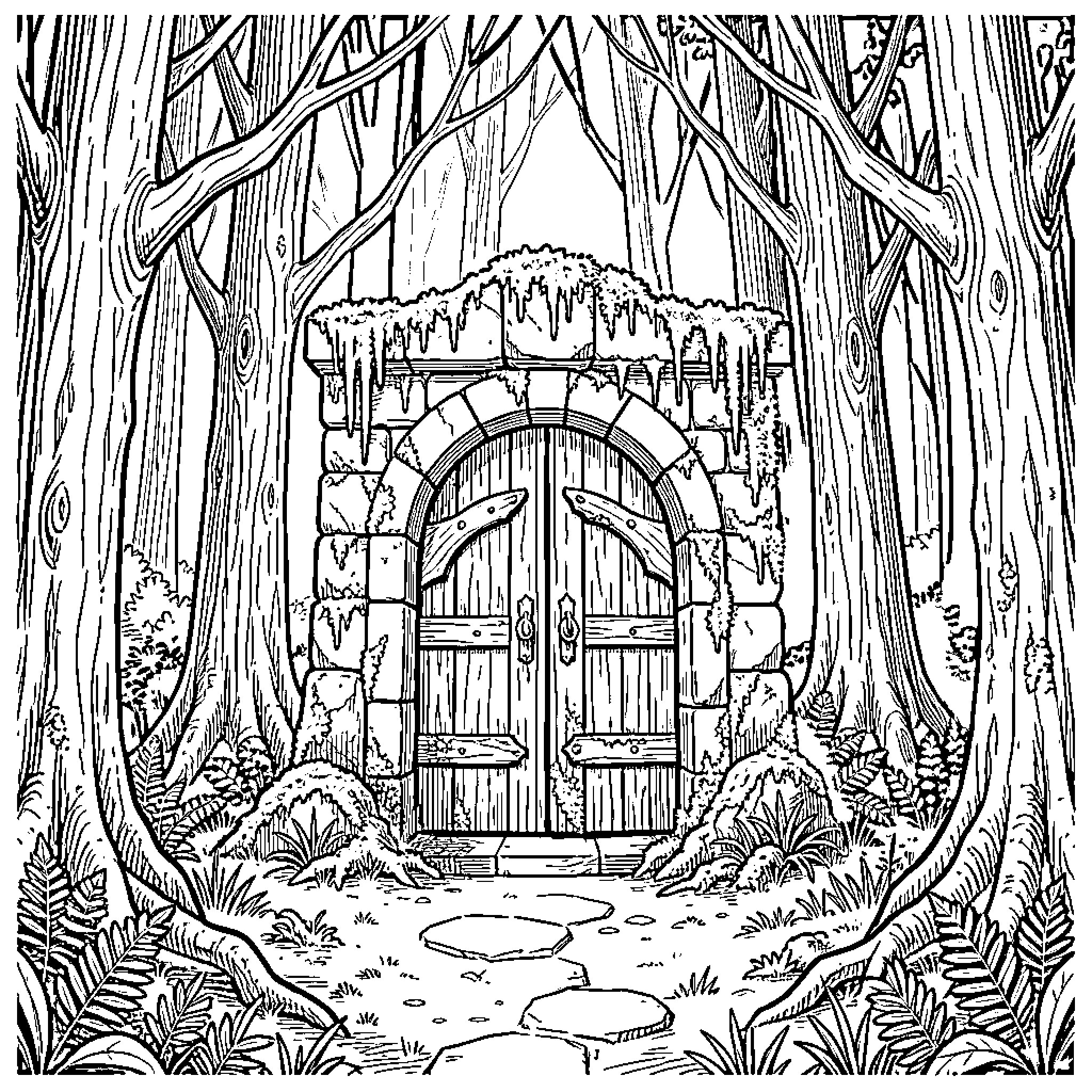 Door to a Magical Woodland Dwelling Coloring Page (free black-and-white line drawing printable PDF for all, from beginners to advanced learners, including children, teens, adults, and seniors)