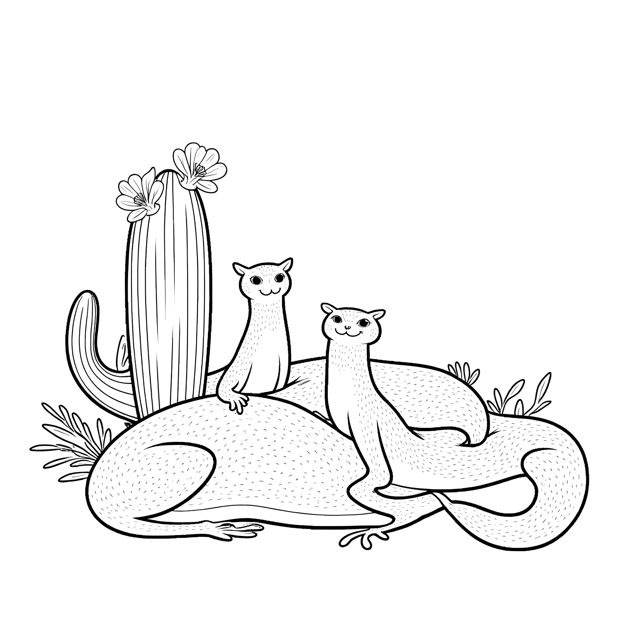 Gila Monster duo relaxing in the desert Coloring Page (free black-and-white line drawing printable PDF for all, from beginners to advanced learners, including children, teens, adults, and seniors)