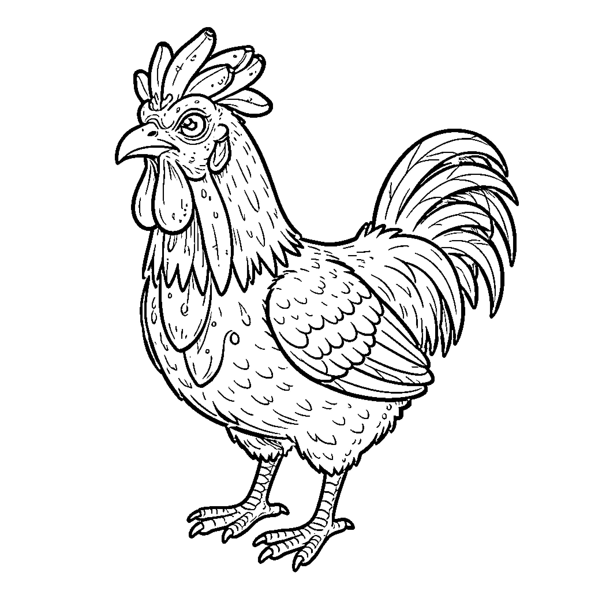 Chicken with detailed ornate feathers and crowing Coloring Page (free black-and-white line drawing printable PDF for all, from beginners to advanced learners, including children, teens, adults, and seniors)