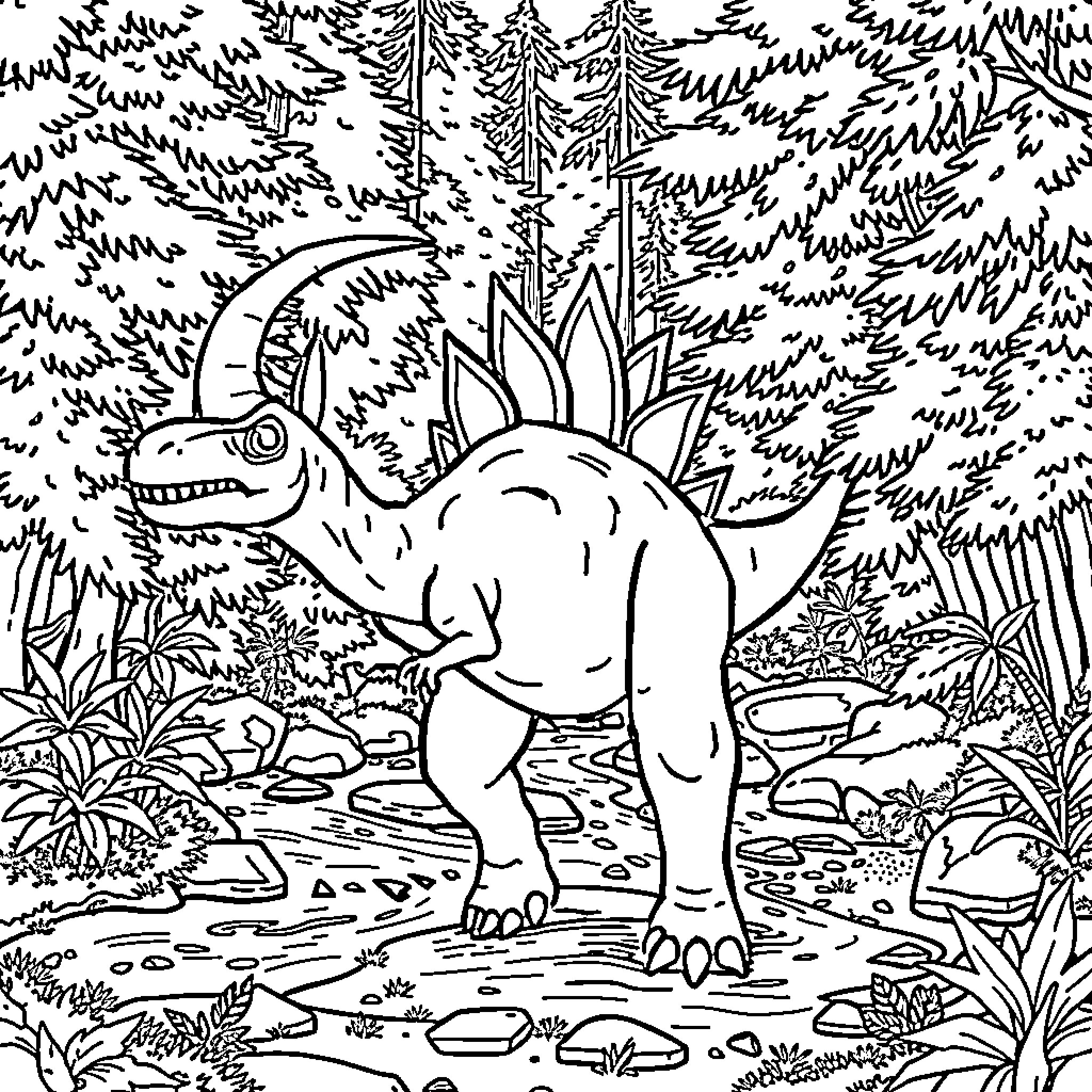 Stegosaurus exploring the lush prehistoric forest Coloring Page (free black-and-white line drawing printable PDF for all, from beginners to advanced learners, including children, teens, adults, and seniors)