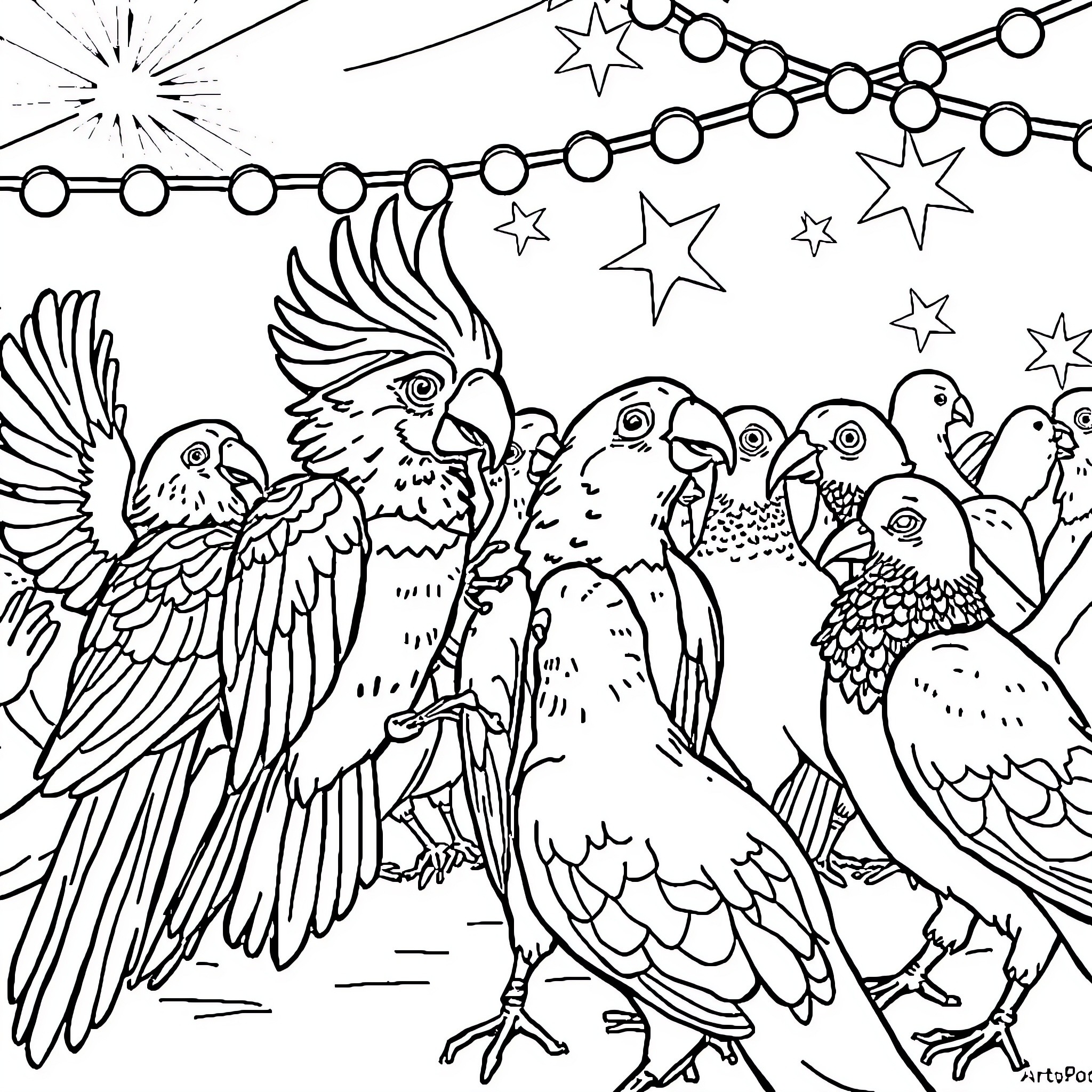 Cockatoos Celebrating under Starry Skies Coloring Page (free black-and-white line drawing printable PDF for all, from beginners to advanced learners, including children, teens, adults, and seniors)