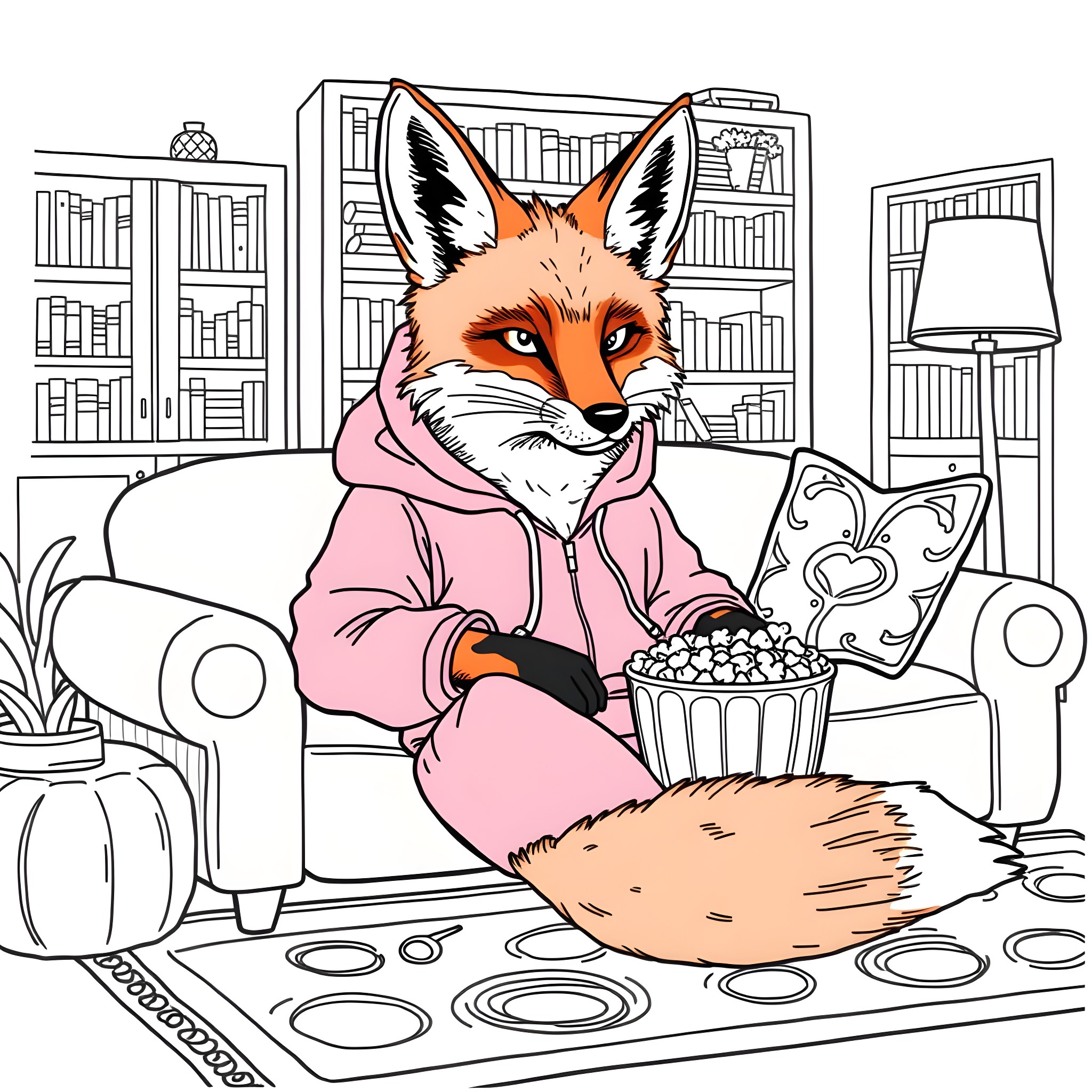 Fox relaxing at home with snacks and books Coloring Page (free black-and-white line drawing printable PDF for all, from beginners to advanced learners, including children, teens, adults, and seniors)