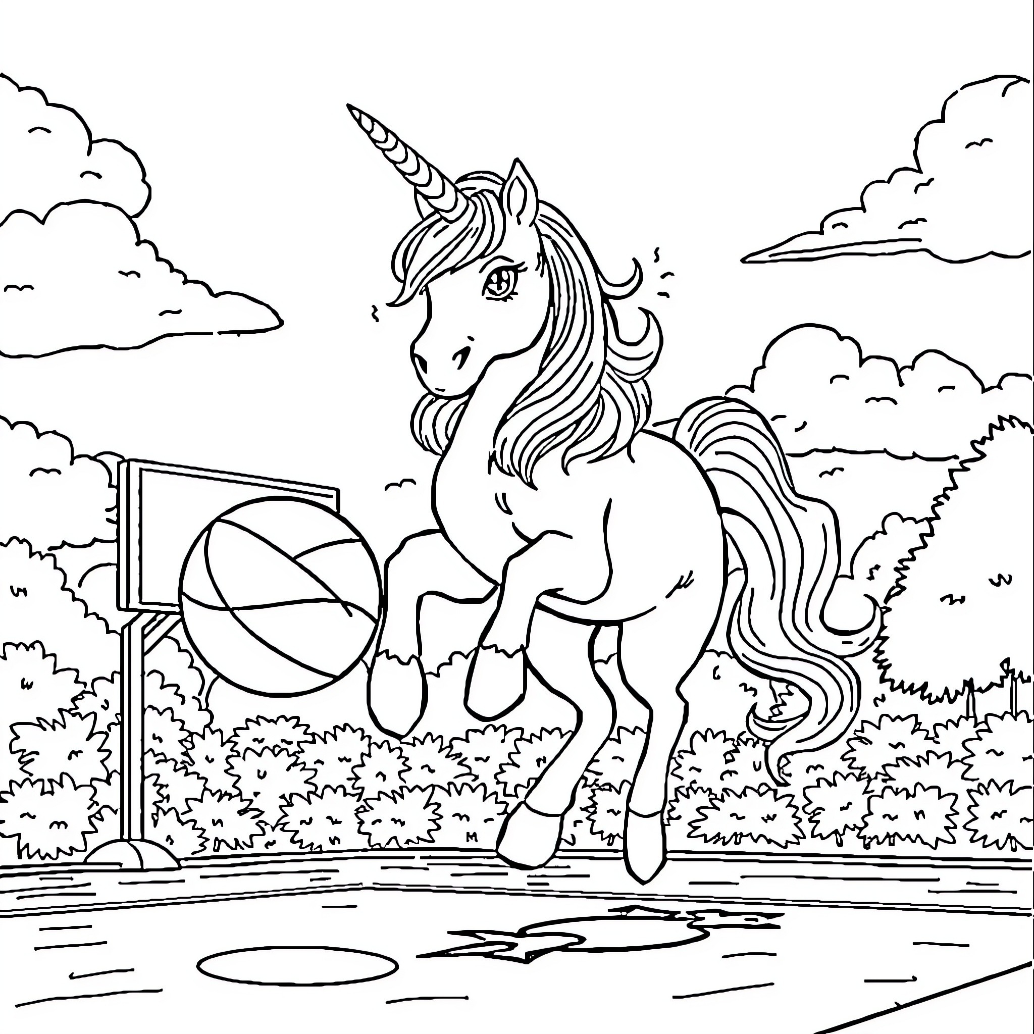 Unicorn playing joyfully in a magical outdoor scene Coloring Page (free black-and-white line drawing printable PDF for all, from beginners to advanced learners, including children, teens, adults, and seniors)