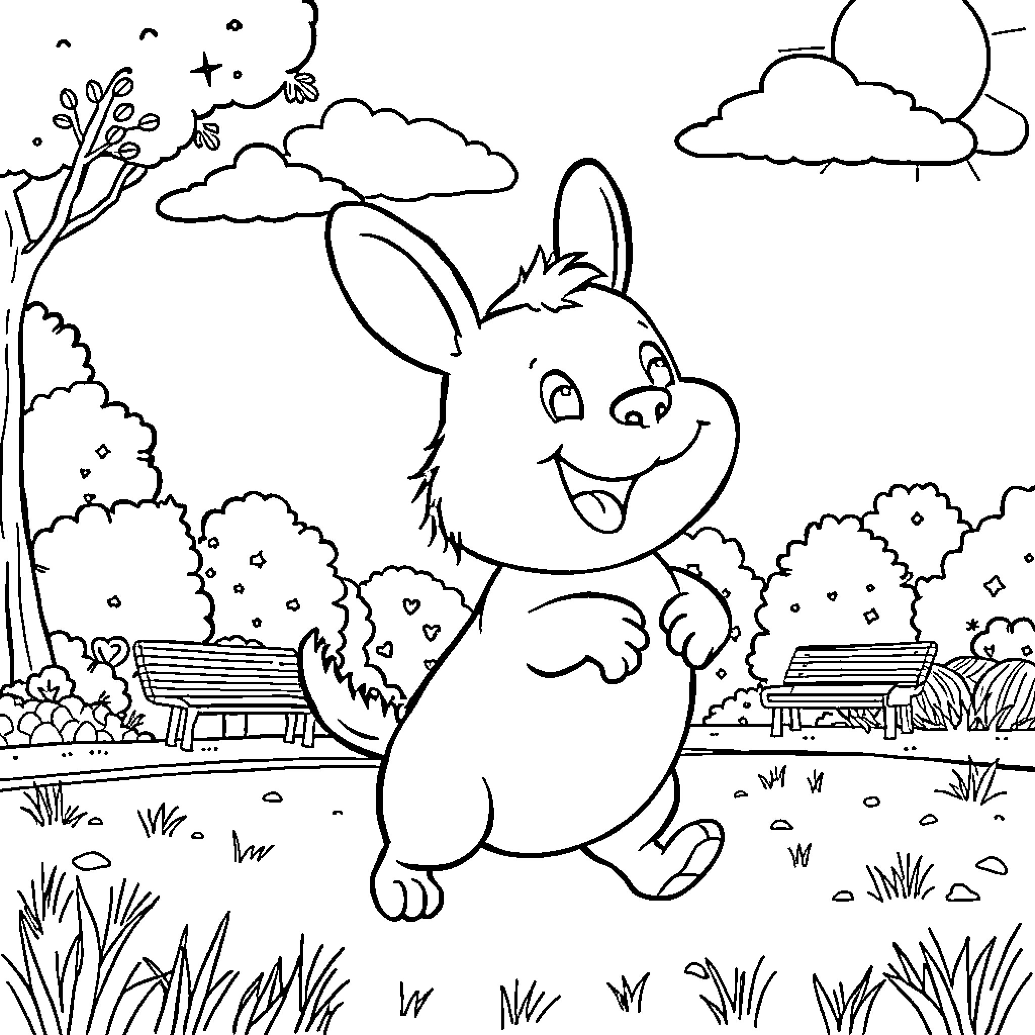 Plinplin the Cheerful Bunny in the Park Coloring Page (free black-and-white line drawing printable PDF for all, from beginners to advanced learners, including children, teens, adults, and seniors)