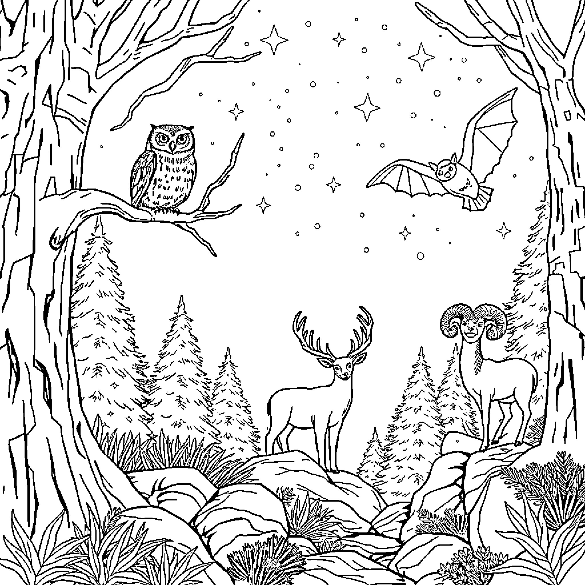 Owl perched in the magical forest at night Coloring Page (free black-and-white line drawing printable PDF for all, from beginners to advanced learners, including children, teens, adults, and seniors)