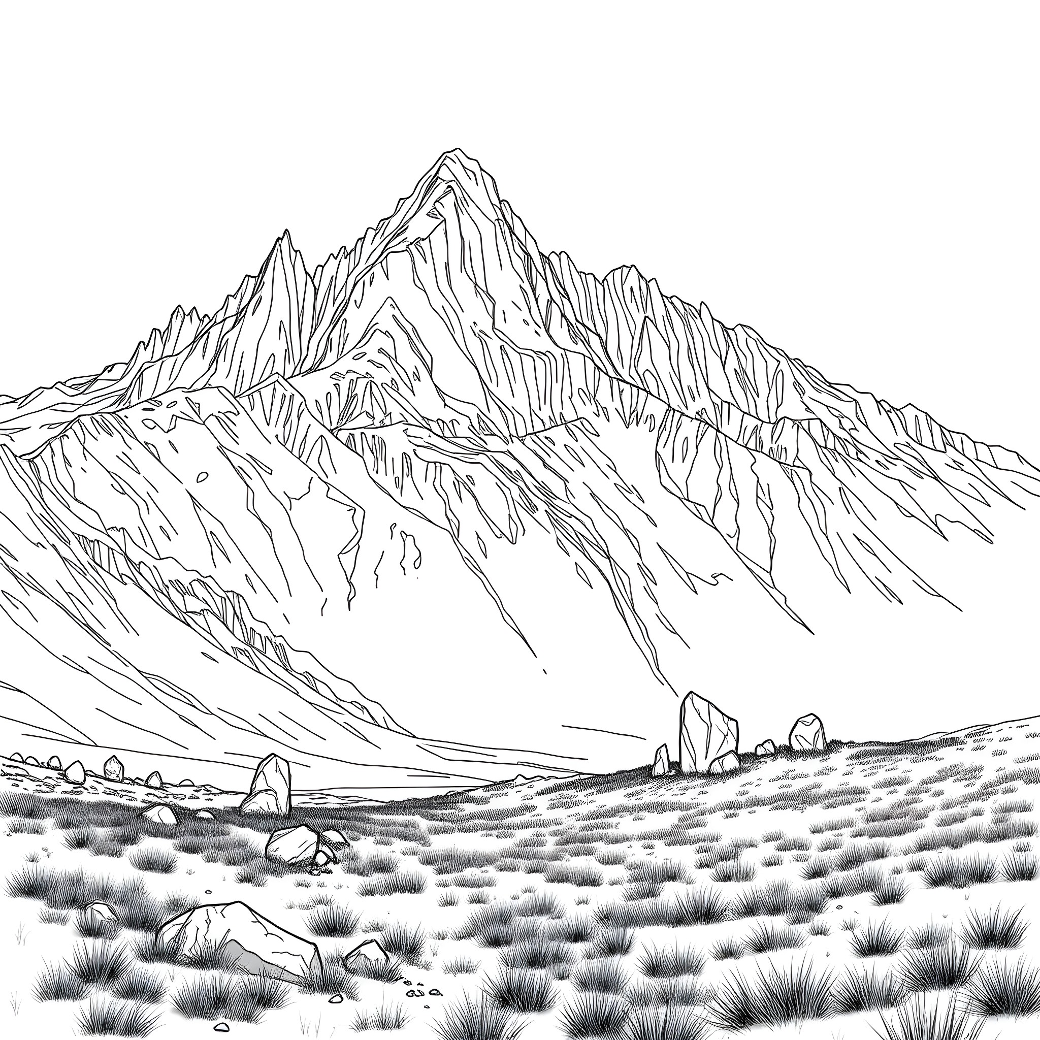 Squarebody adventures in the rugged mountains Coloring Page (free black-and-white line drawing printable PDF for all, from beginners to advanced learners, including children, teens, adults, and seniors)