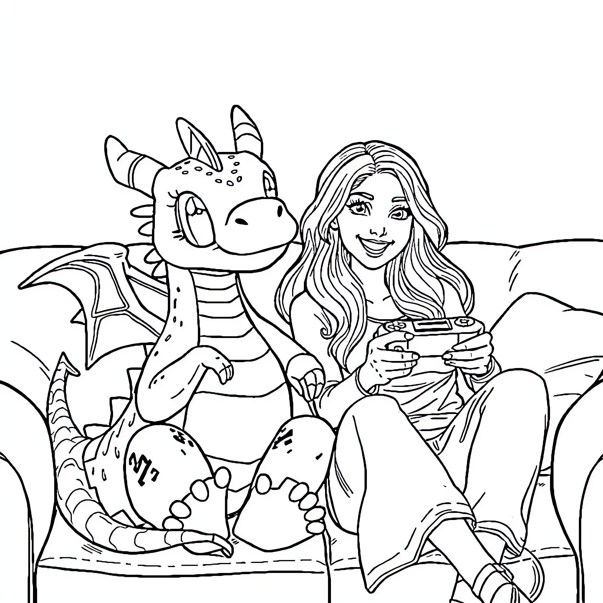 Dragon and girl enjoying a game together Coloring Page (free black-and-white line drawing printable PDF for all, from beginners to advanced learners, including children, teens, adults, and seniors)