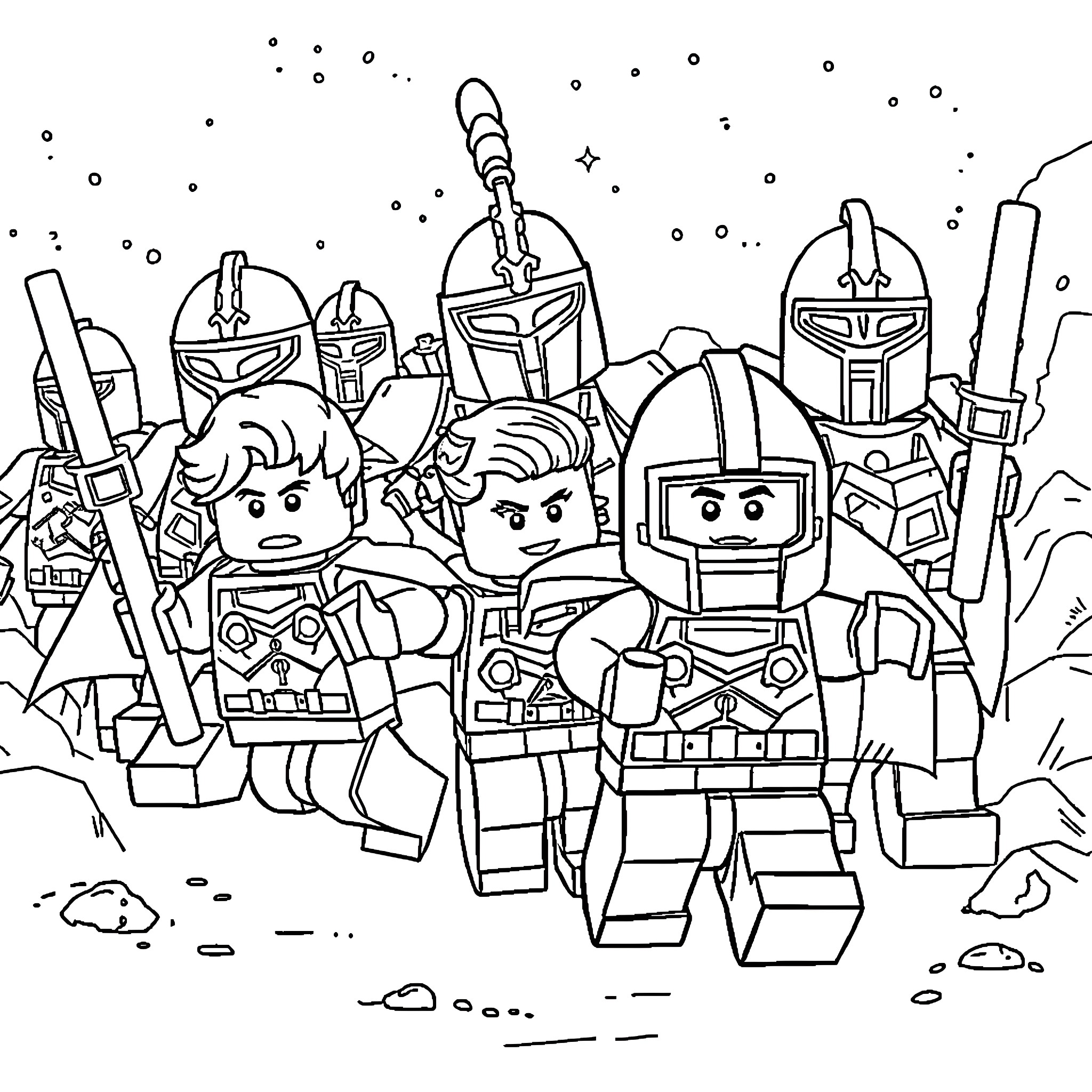 LEGO Minifigures on a Sci-Fi Adventure Coloring Page (free black-and-white line drawing printable PDF for all, from beginners to advanced learners, including children, teens, adults, and seniors)
