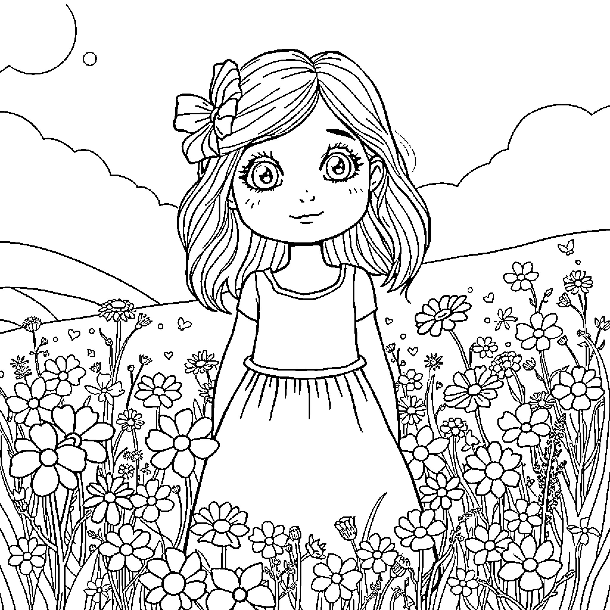 Anora's Floral Adventure Coloring Page (free black-and-white line drawing printable PDF for all, from beginners to advanced learners, including children, teens, adults, and seniors)