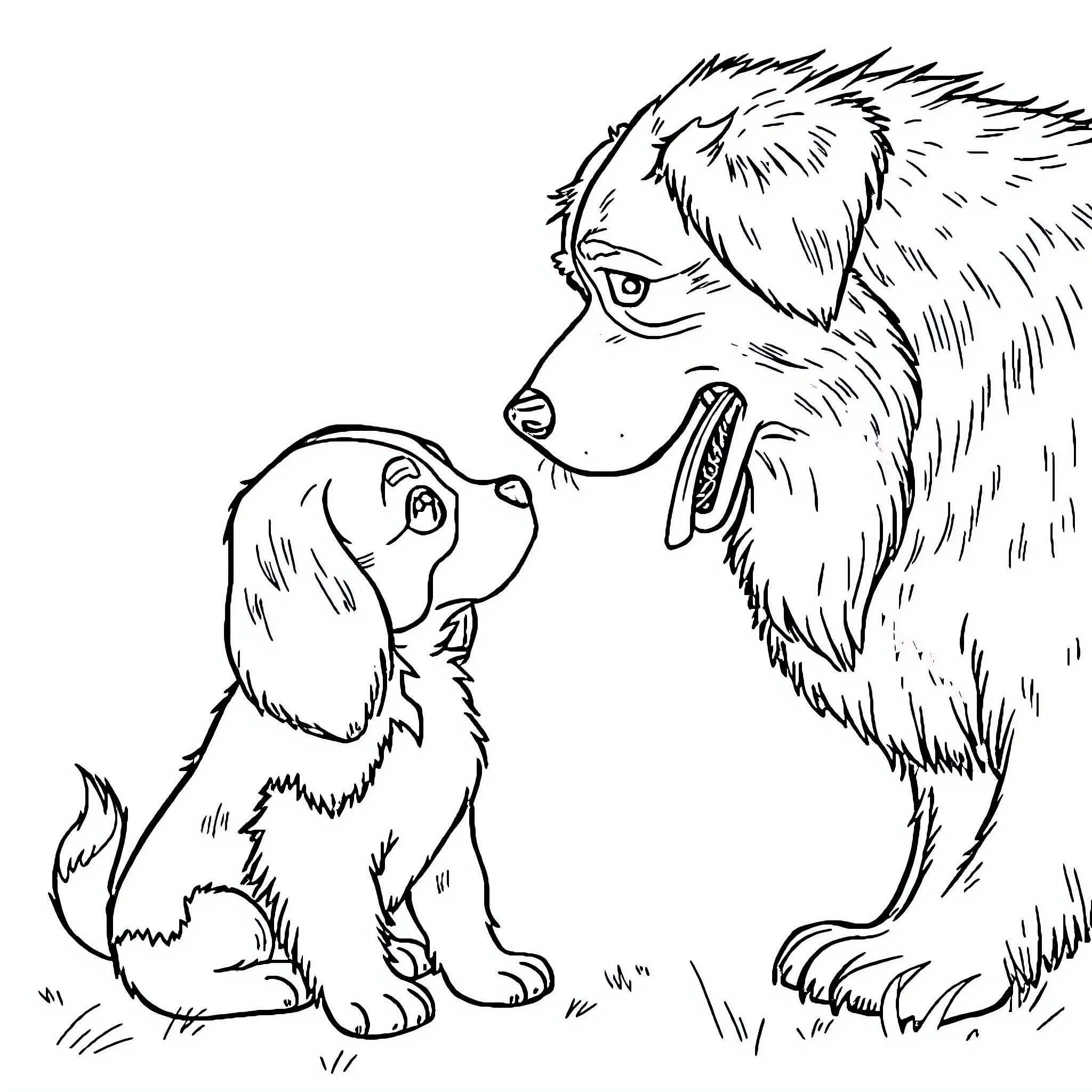 Chien enjoying a moment with a friend Coloring Page (free black-and-white line drawing printable PDF for all, from beginners to advanced learners, including children, teens, adults, and seniors)