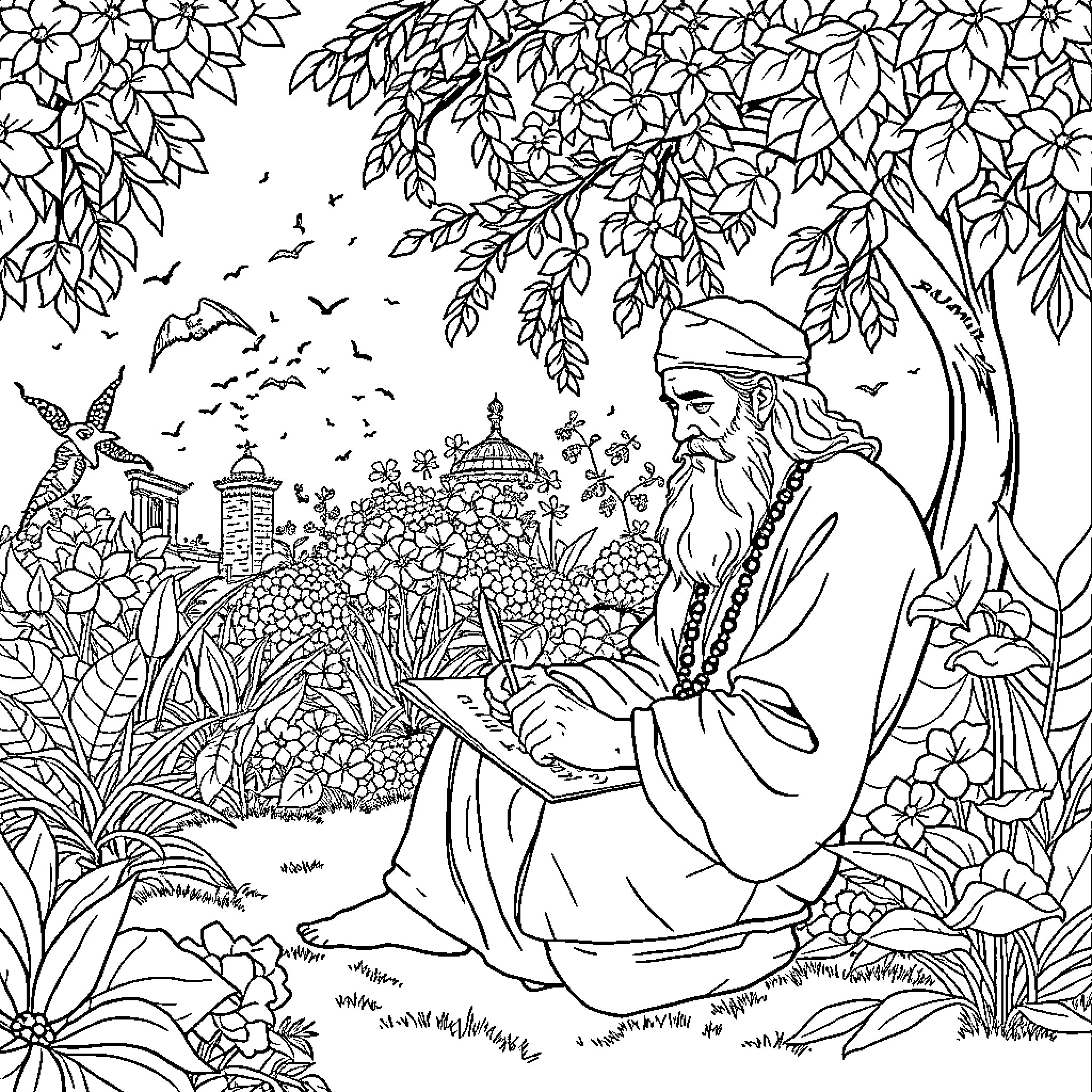 Rumi's Contemplative Serenity in a Floral Garden Coloring Page (free black-and-white line drawing printable PDF for all, from beginners to advanced learners, including children, teens, adults, and seniors)