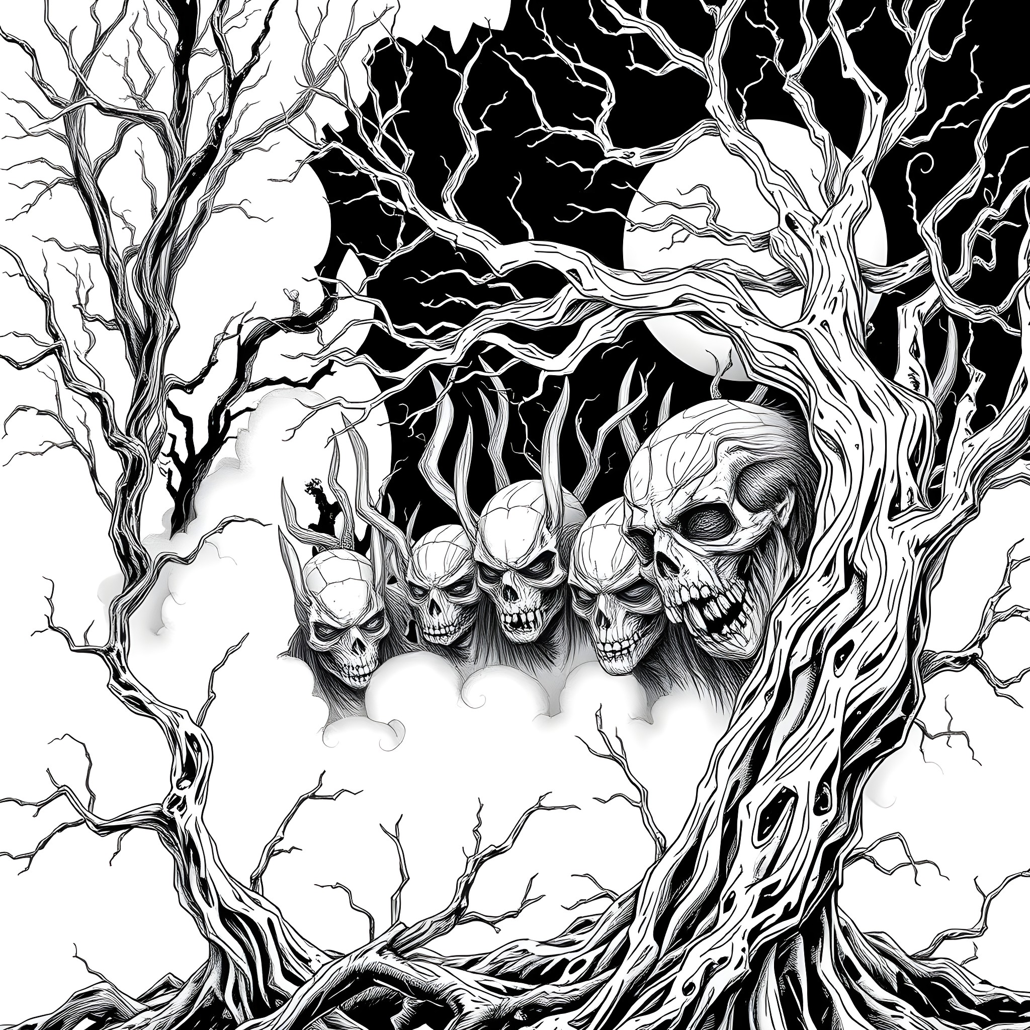Wendigo Skulls Emerging from Twisted Branches Coloring Page (free black-and-white line drawing printable PDF for all, from beginners to advanced learners, including children, teens, adults, and seniors)