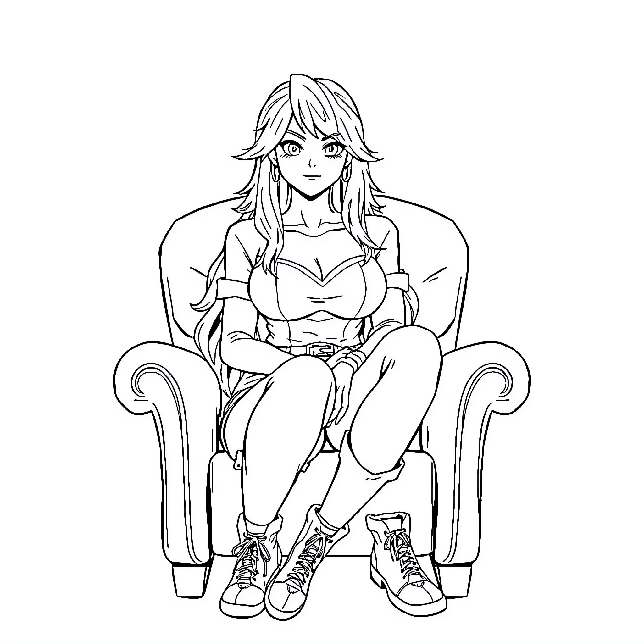 Tsunade's Confident Pose in Armchair Coloring Page (free black-and-white line drawing printable PDF for all, from beginners to advanced learners, including children, teens, adults, and seniors)