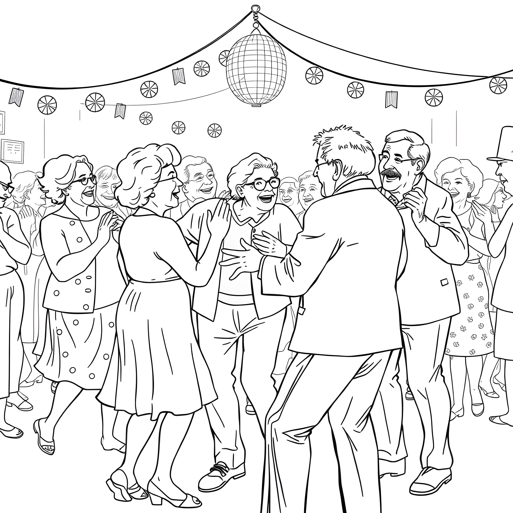 Senior Citizen Celebration with Dancing and Laughter Coloring Page (free black-and-white line drawing printable PDF for all, from beginners to advanced learners, including children, teens, adults, and seniors)