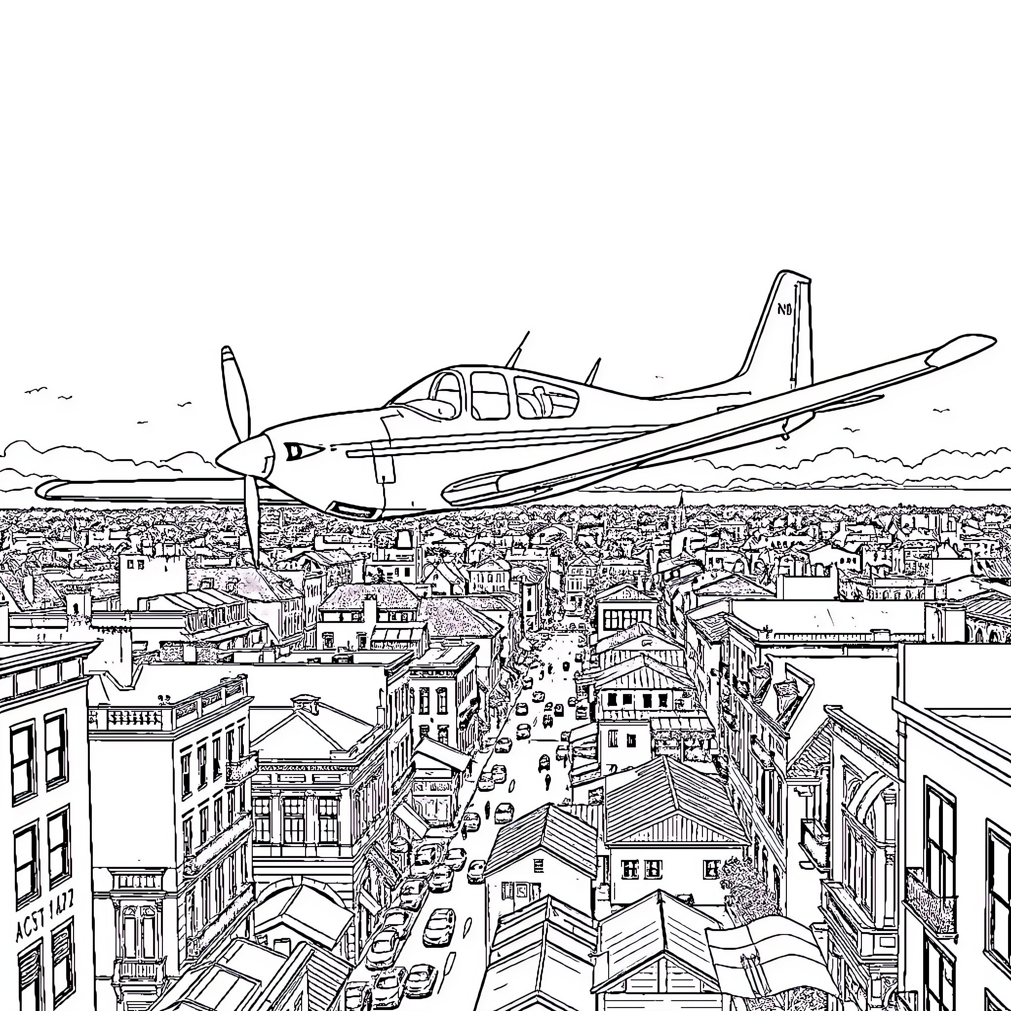 Diamond DA-40 aircraft soaring over a bustling city Coloring Page (free black-and-white line drawing printable PDF for all, from beginners to advanced learners, including children, teens, adults, and seniors)