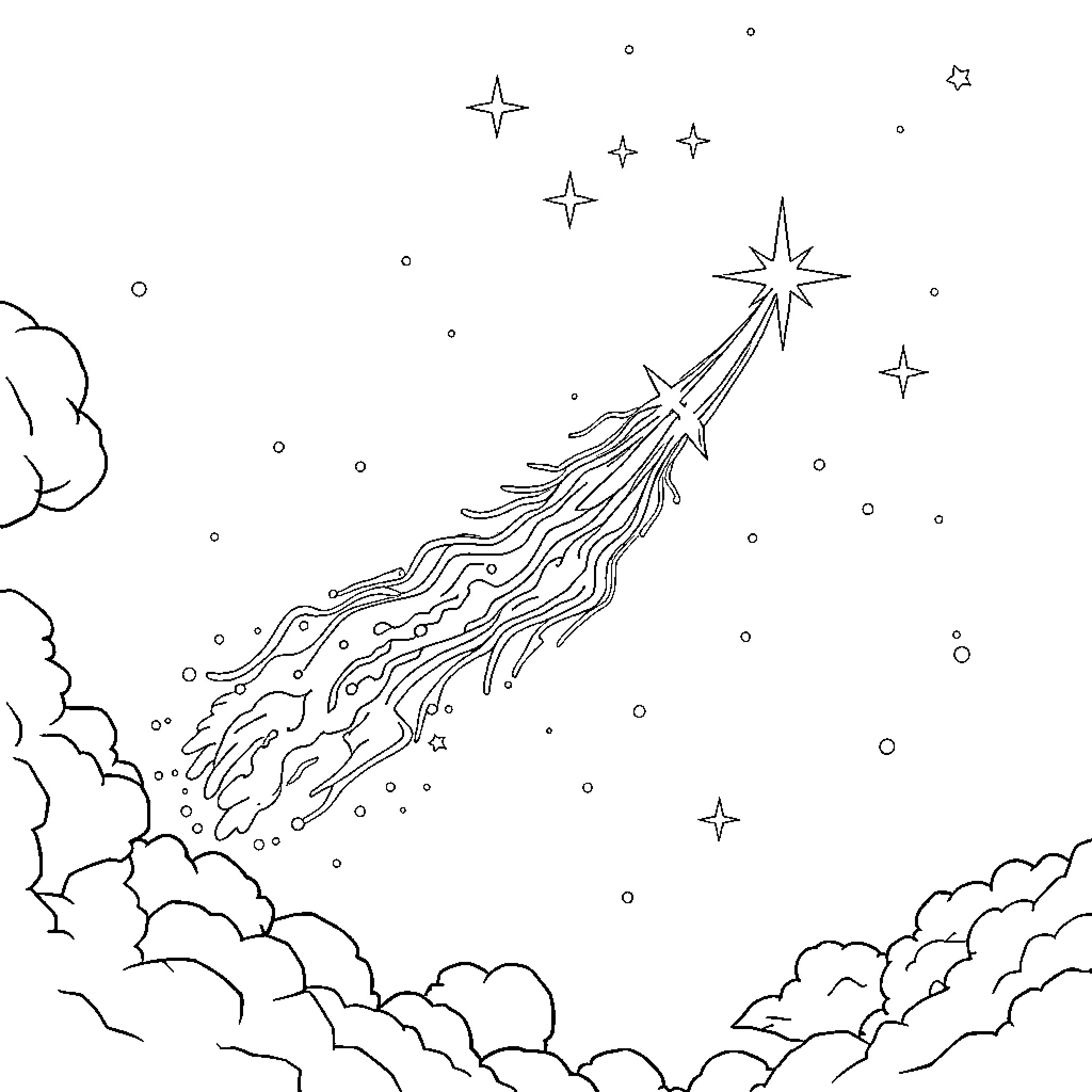 Rocket soaring through starry night sky Coloring Page (free black-and-white line drawing printable PDF for all, from beginners to advanced learners, including children, teens, adults, and seniors)