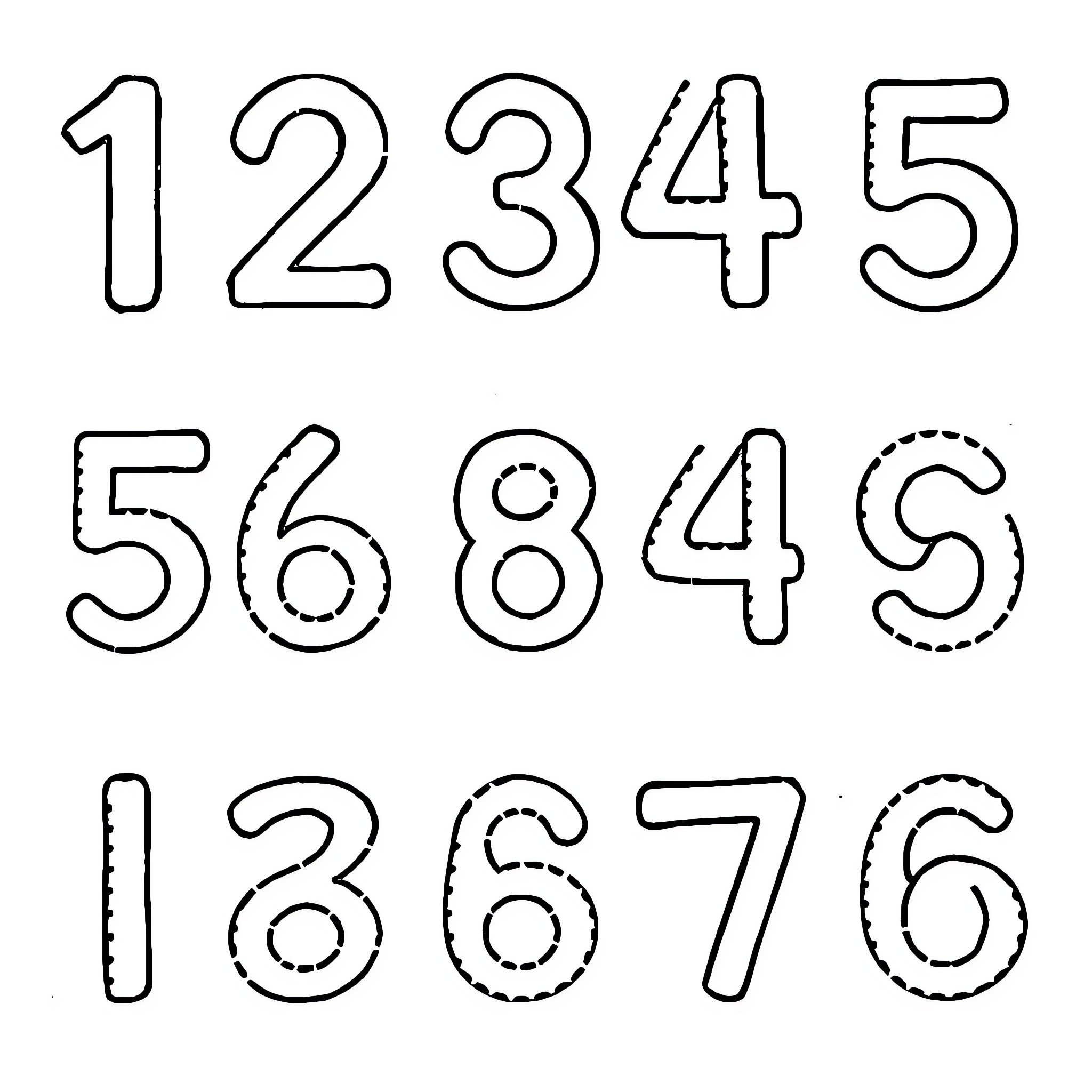 Number Set of Hand-Drawn Doodle Style Digits Coloring Page (free black-and-white line drawing printable PDF for all, from beginners to advanced learners, including children, teens, adults, and seniors)