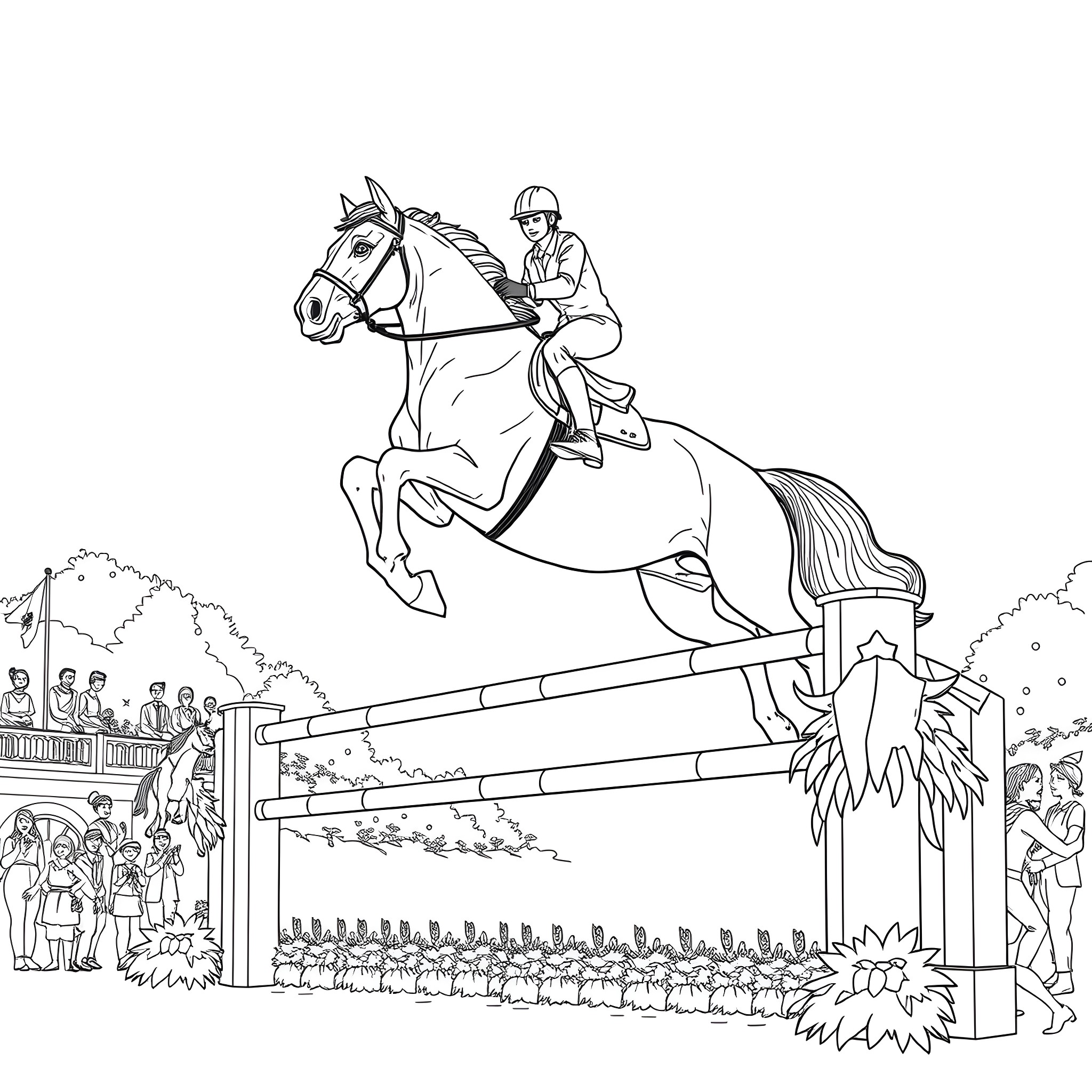 Horse rider competing in equestrian show Coloring Page (free black-and-white line drawing printable PDF for all, from beginners to advanced learners, including children, teens, adults, and seniors)