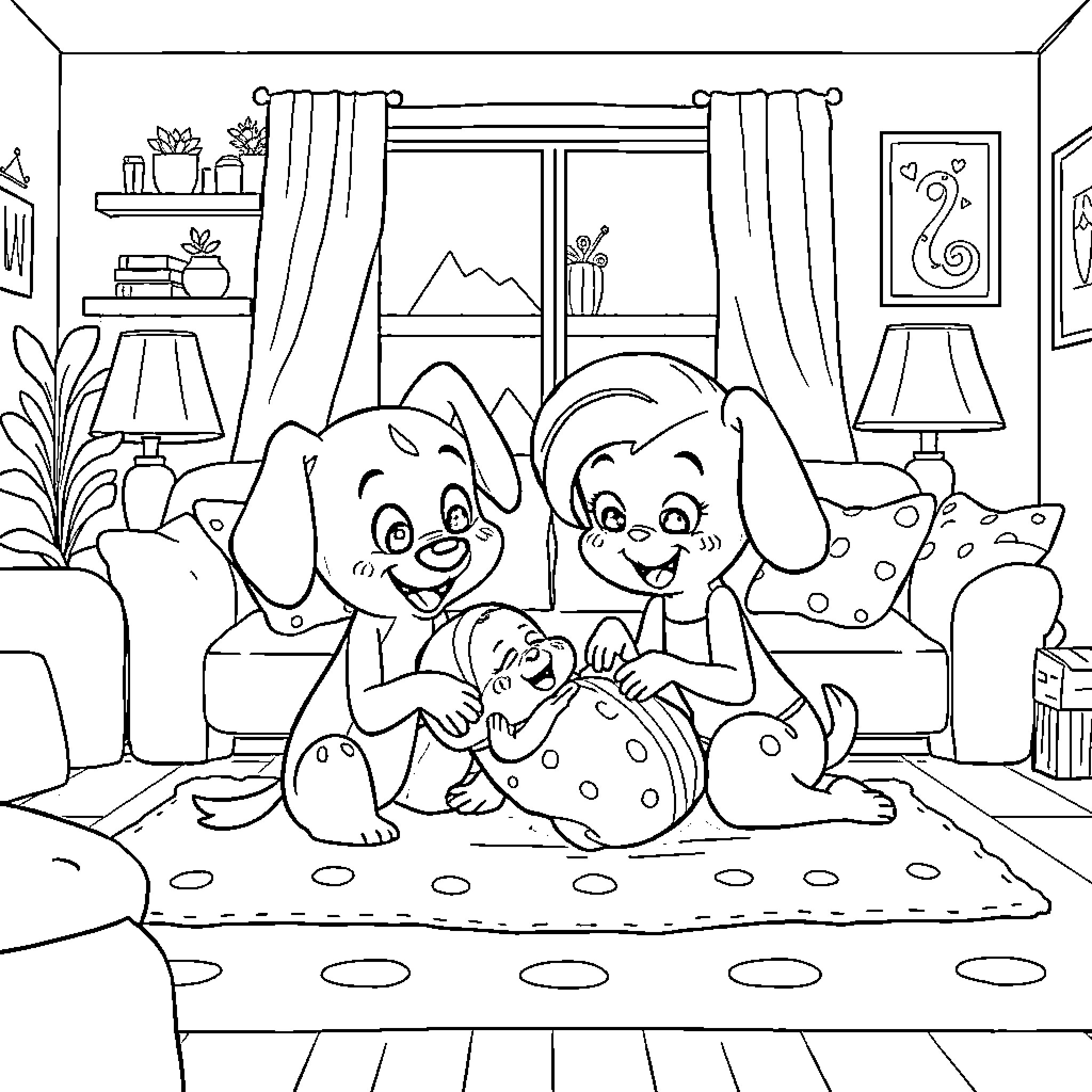 Bluey and Friends Play Happily Together Coloring Page (free black-and-white line drawing printable PDF for all, from beginners to advanced learners, including children, teens, adults, and seniors)