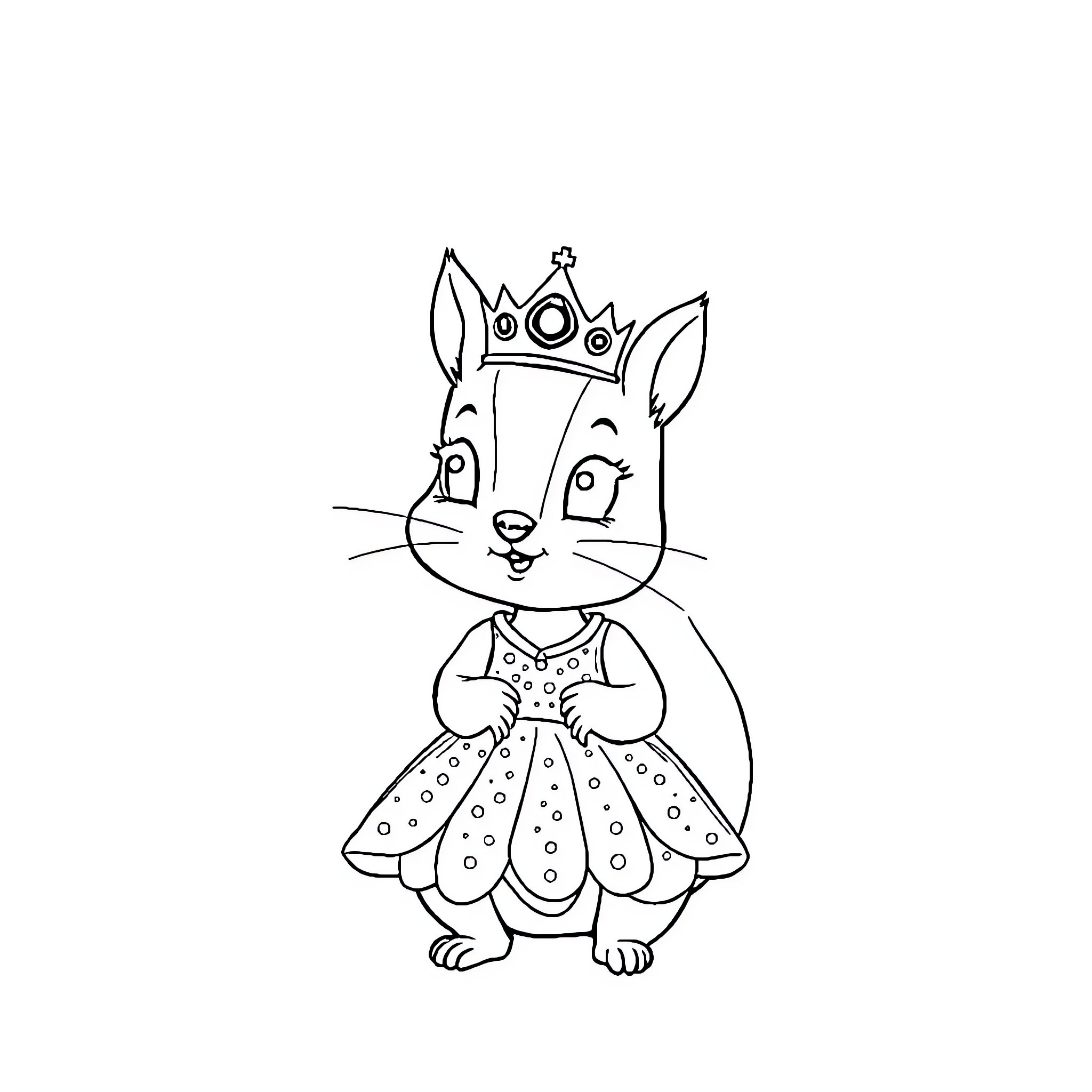 Squirrel wearing royal attire and crown Coloring Page (free black-and-white line drawing printable PDF for all, from beginners to advanced learners, including children, teens, adults, and seniors)
