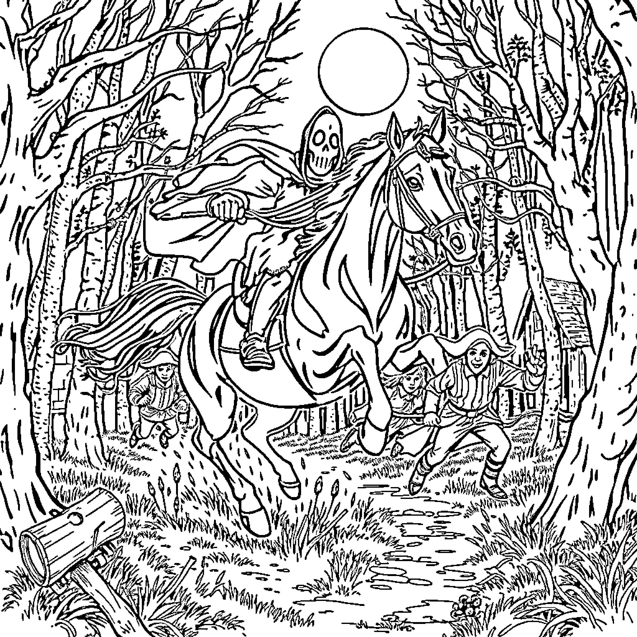 Headless Horseman rides through a spooky forest Coloring Page (free black-and-white line drawing printable PDF for all, from beginners to advanced learners, including children, teens, adults, and seniors)