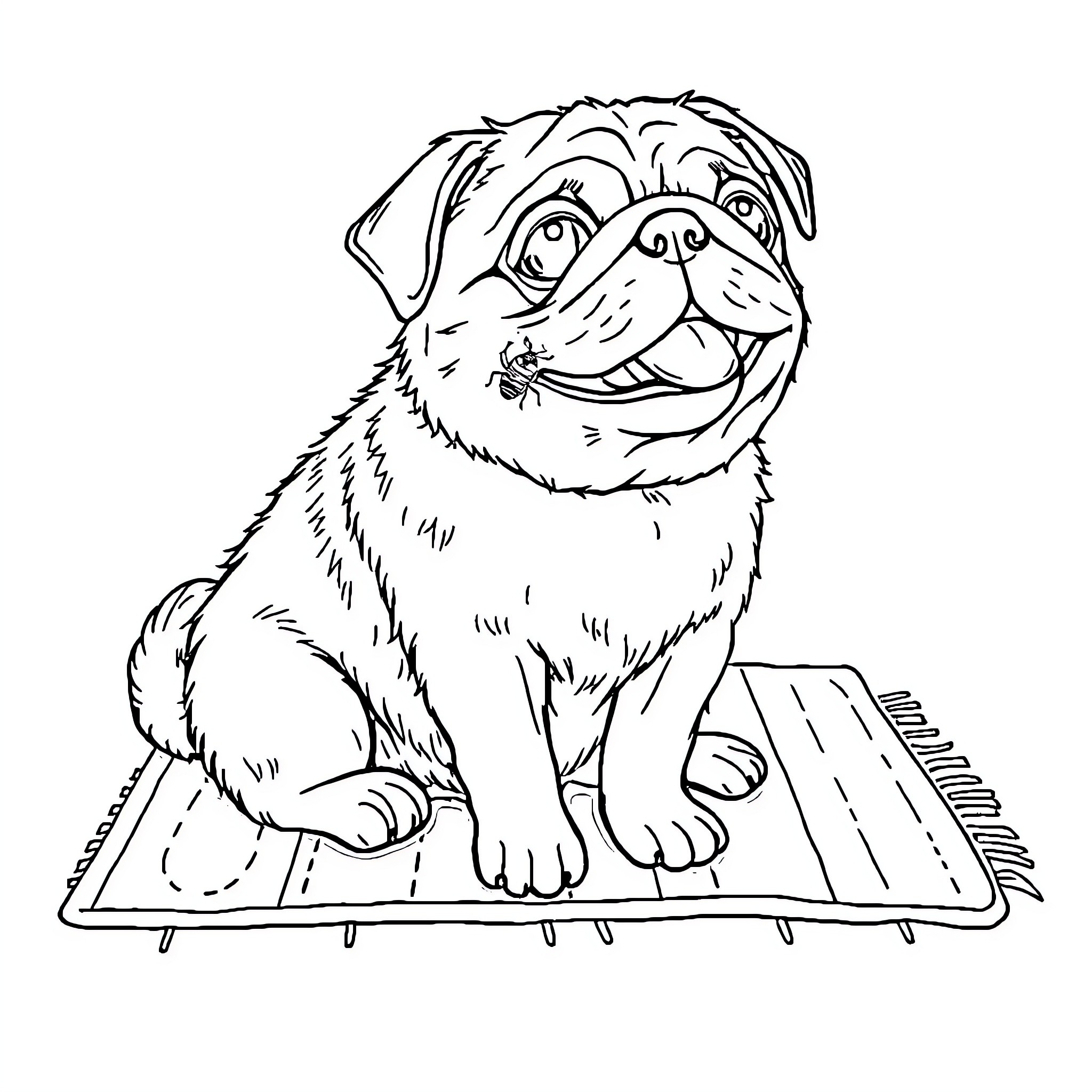Pug pup sitting on a striped rug Coloring Page (free black-and-white line drawing printable PDF for all, from beginners to advanced learners, including children, teens, adults, and seniors)
