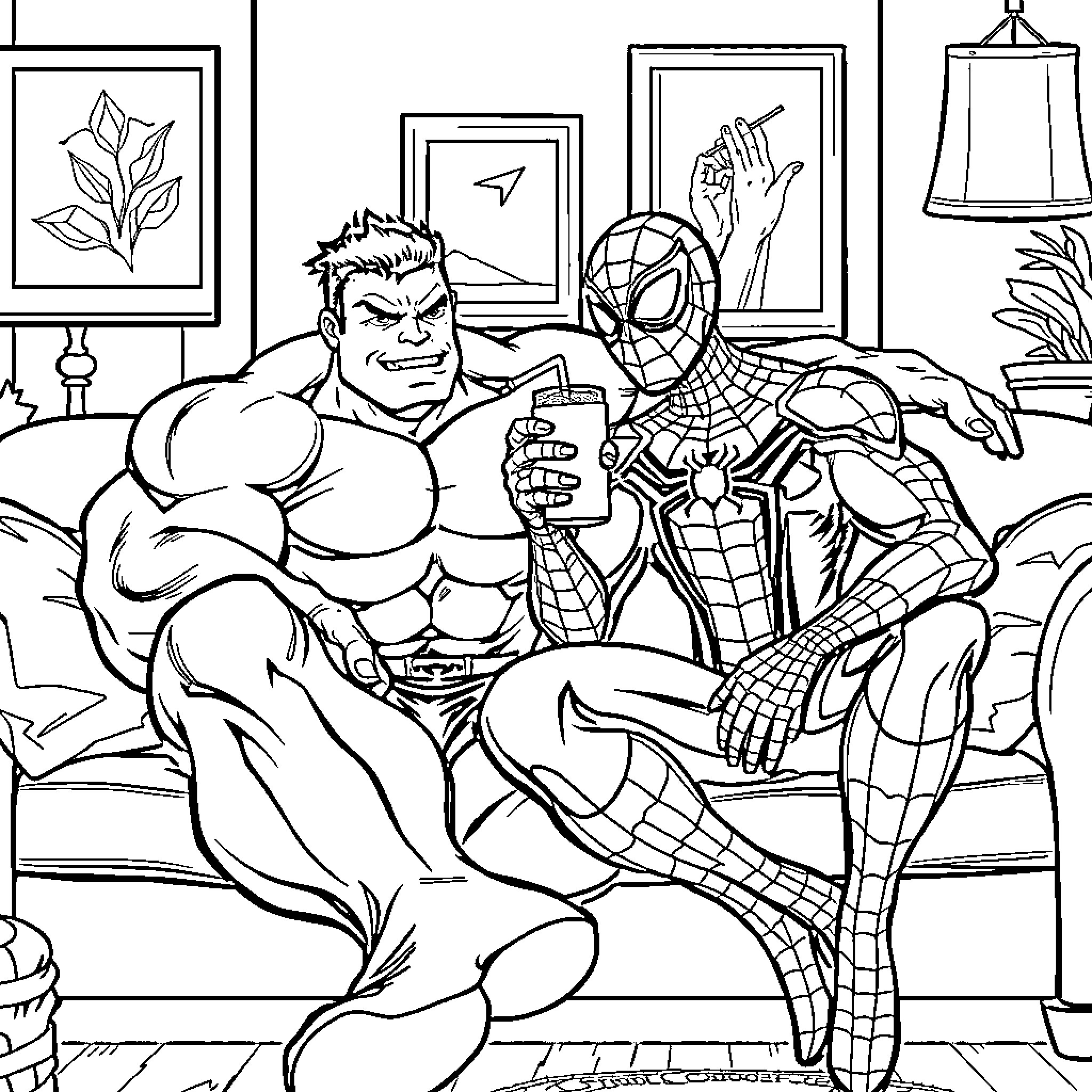 Hulk and Spider-Man relaxing together in a cozy room Coloring Page (free black-and-white line drawing printable PDF for all, from beginners to advanced learners, including children, teens, adults, and seniors)