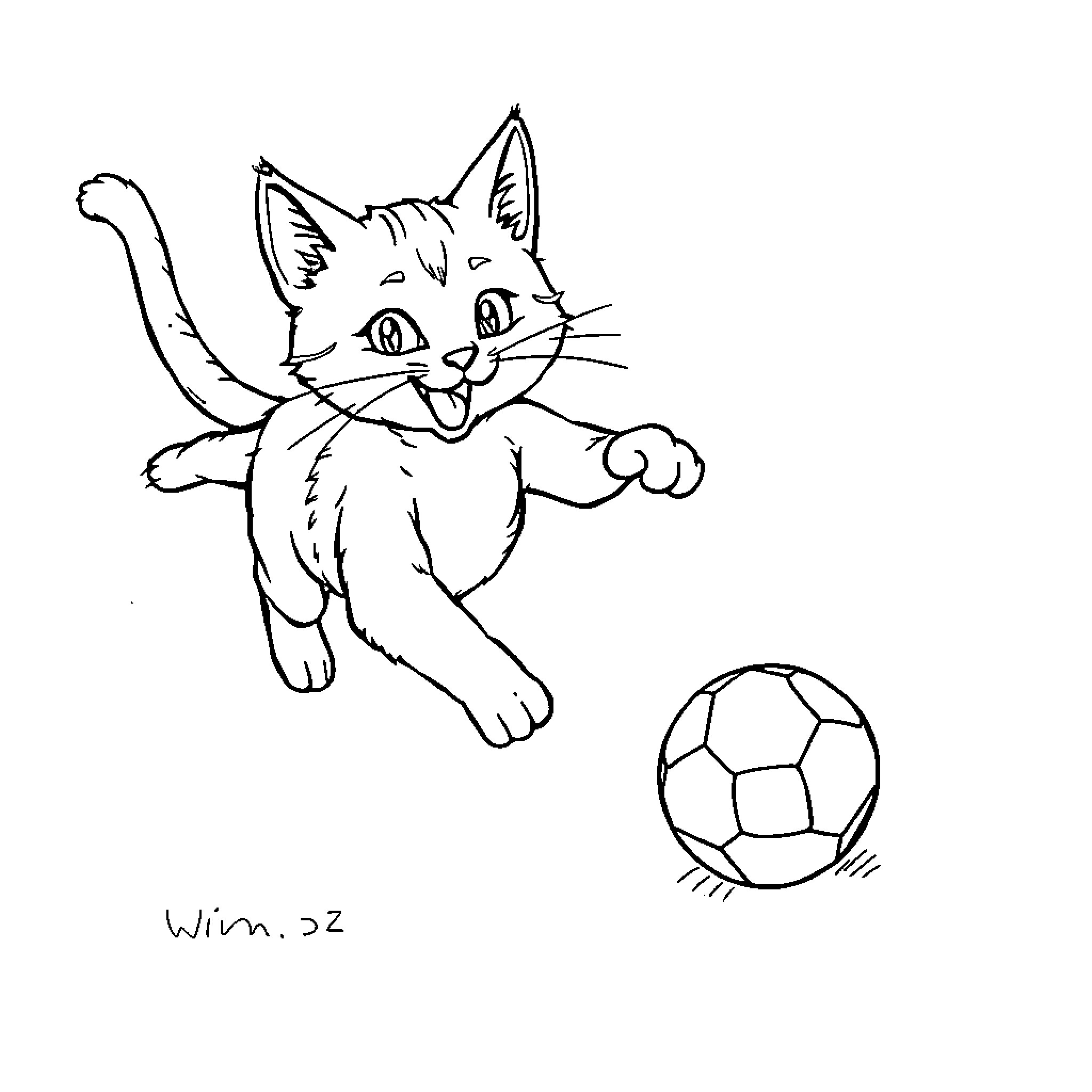 Cat playing with soccer ball happily Coloring Page (free black-and-white line drawing printable PDF for all, from beginners to advanced learners, including children, teens, adults, and seniors)