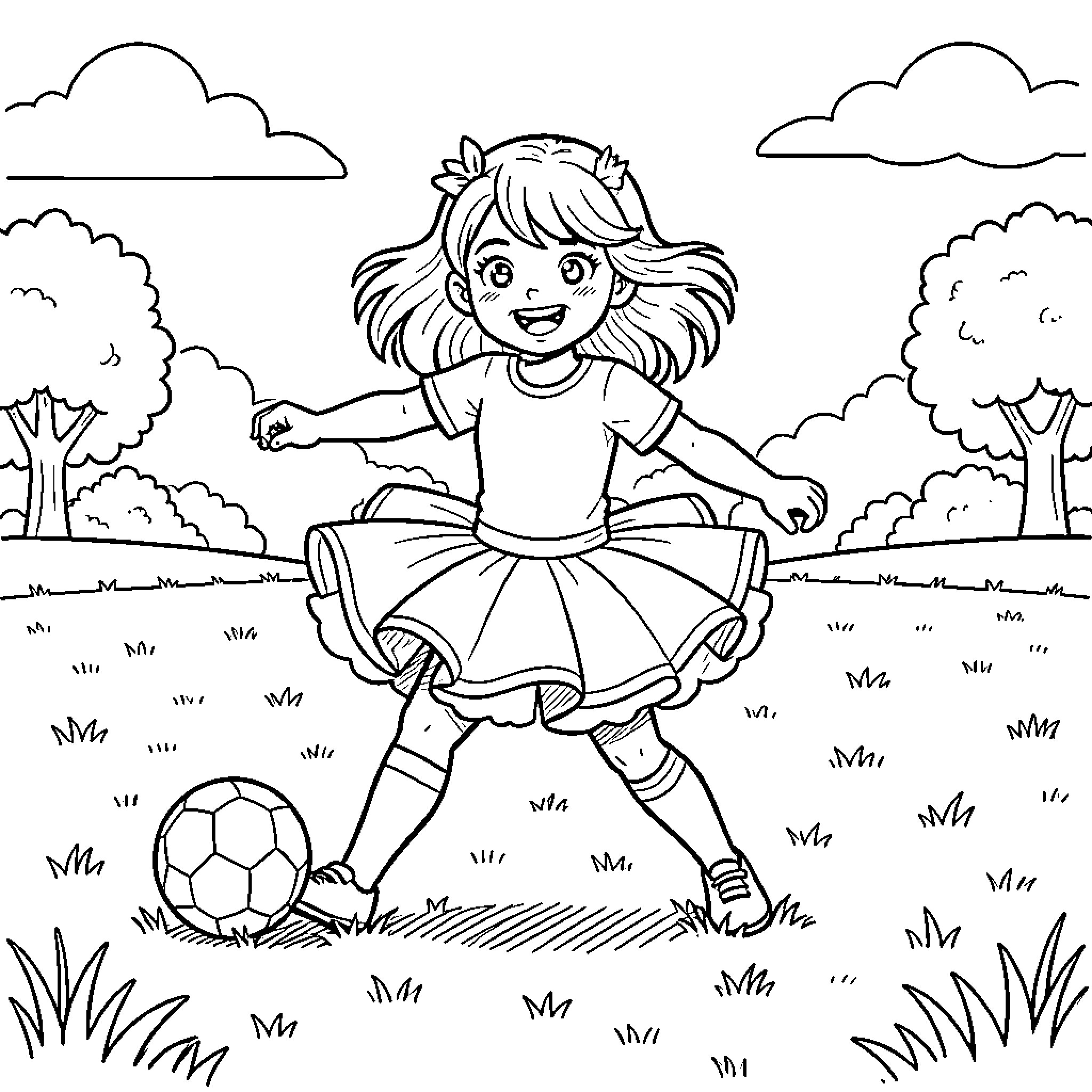 Bardella joyful girl playing soccer in the park Coloring Page (free black-and-white line drawing printable PDF for all, from beginners to advanced learners, including children, teens, adults, and seniors)