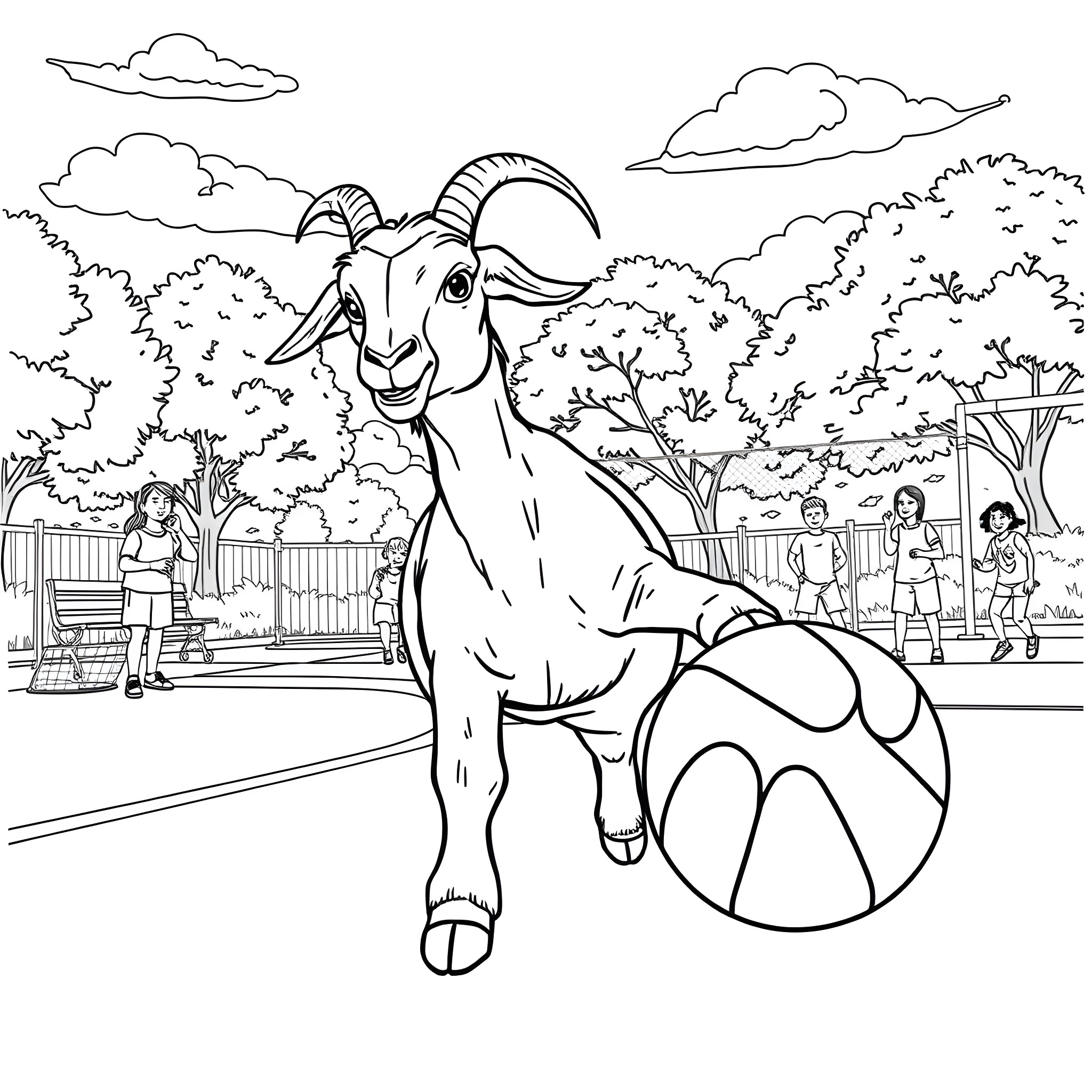 Nubian Goat playing in the park Coloring Page (free black-and-white line drawing printable PDF for all, from beginners to advanced learners, including children, teens, adults, and seniors)